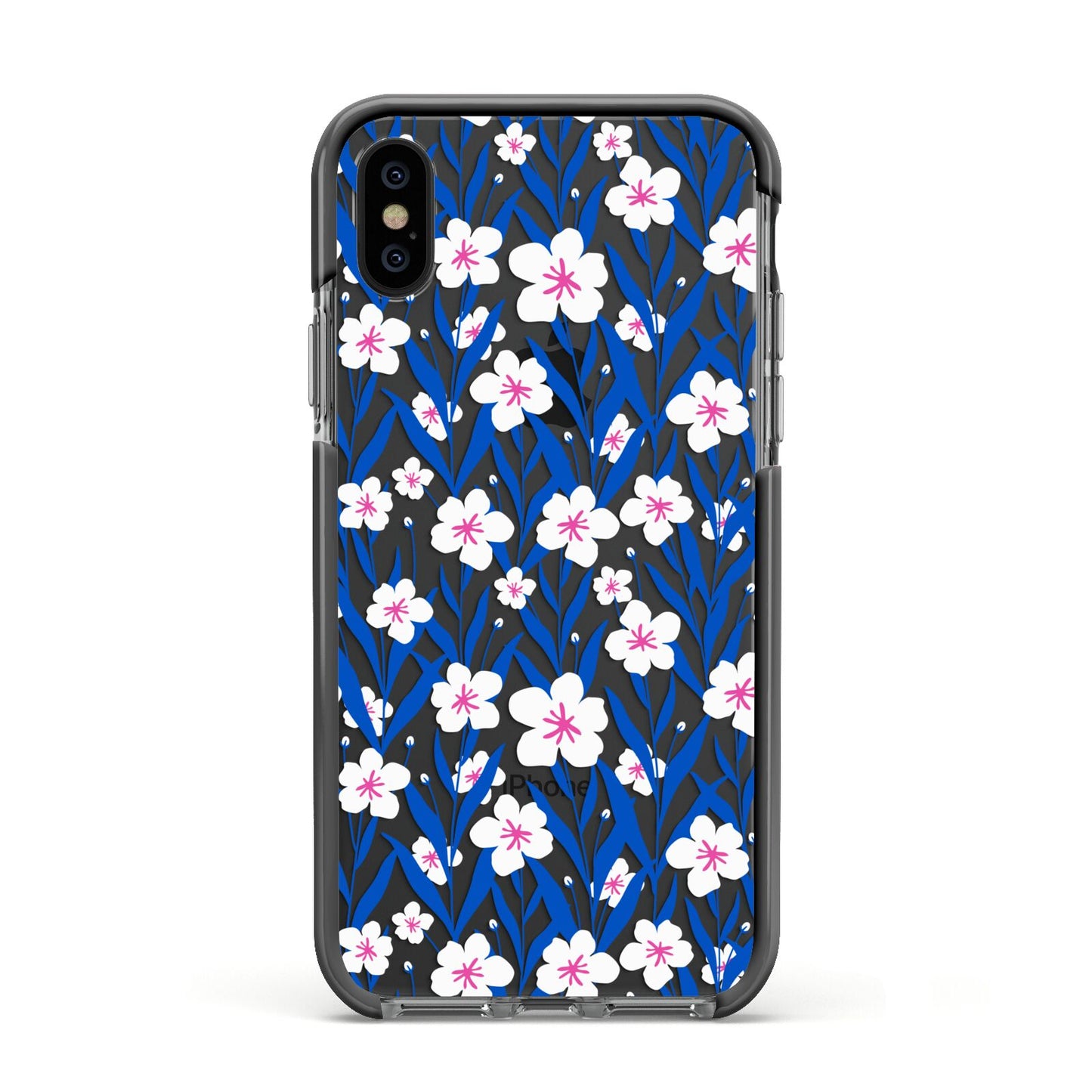 Blue and White Flowers Apple iPhone Xs Impact Case Black Edge on Black Phone