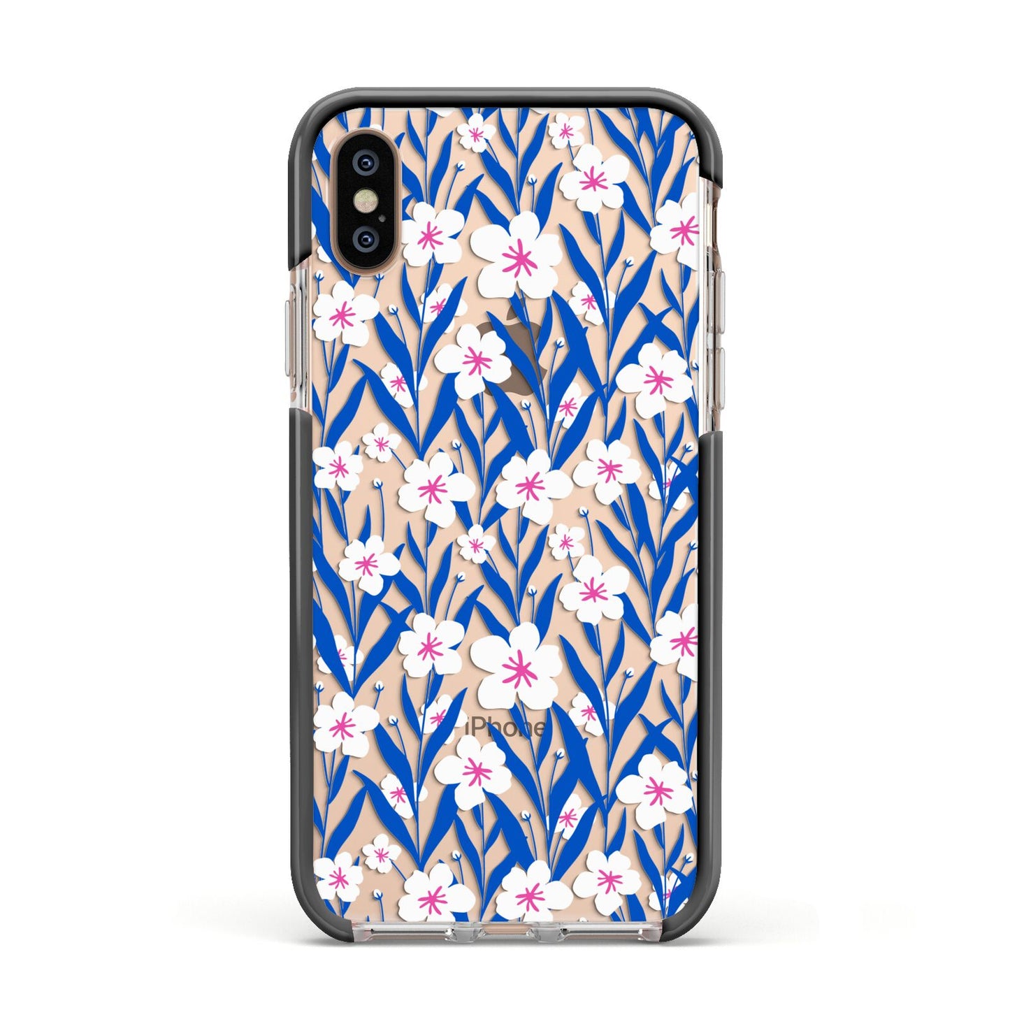 Blue and White Flowers Apple iPhone Xs Impact Case Black Edge on Gold Phone