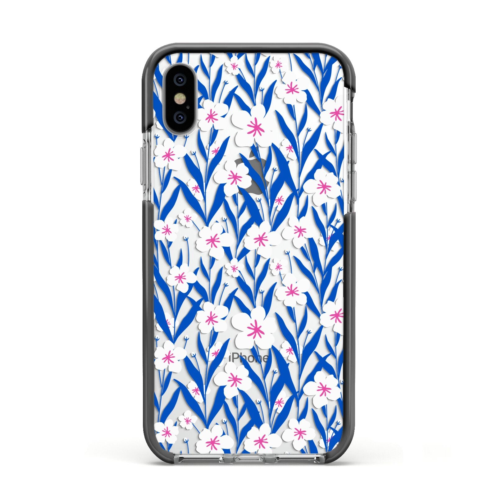 Blue and White Flowers Apple iPhone Xs Impact Case Black Edge on Silver Phone