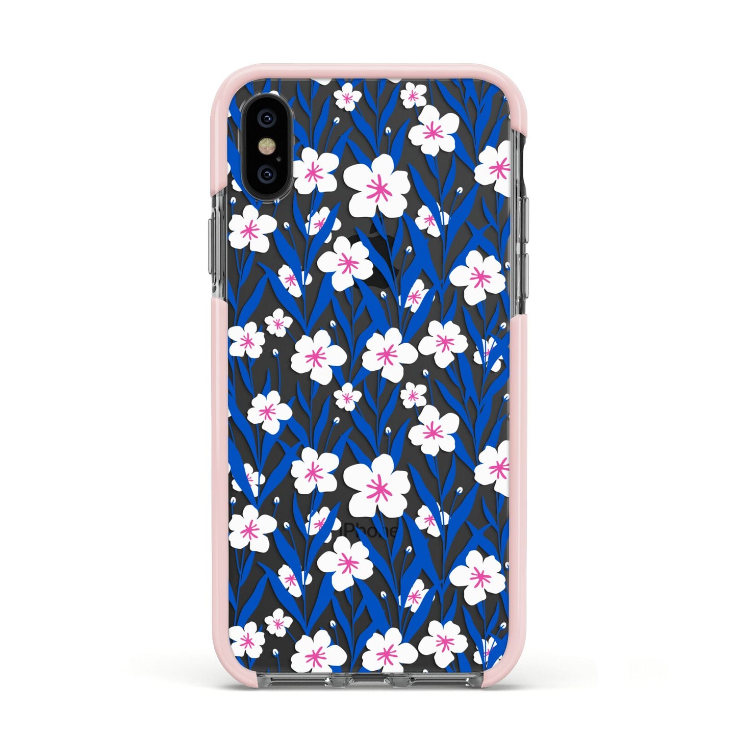 Blue and White Flowers Apple iPhone Xs Impact Case Pink Edge on Black Phone