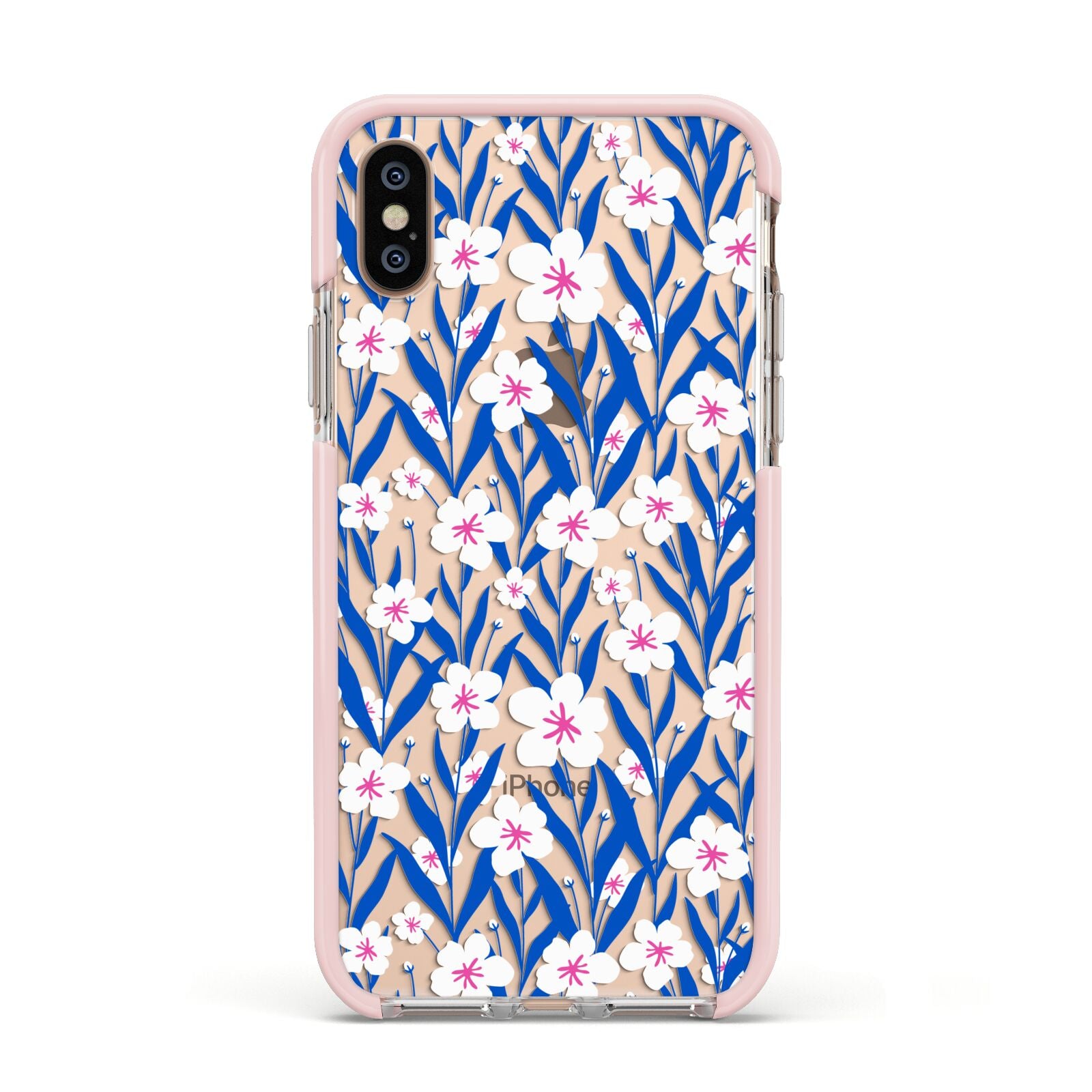 Blue and White Flowers Apple iPhone Xs Impact Case Pink Edge on Gold Phone