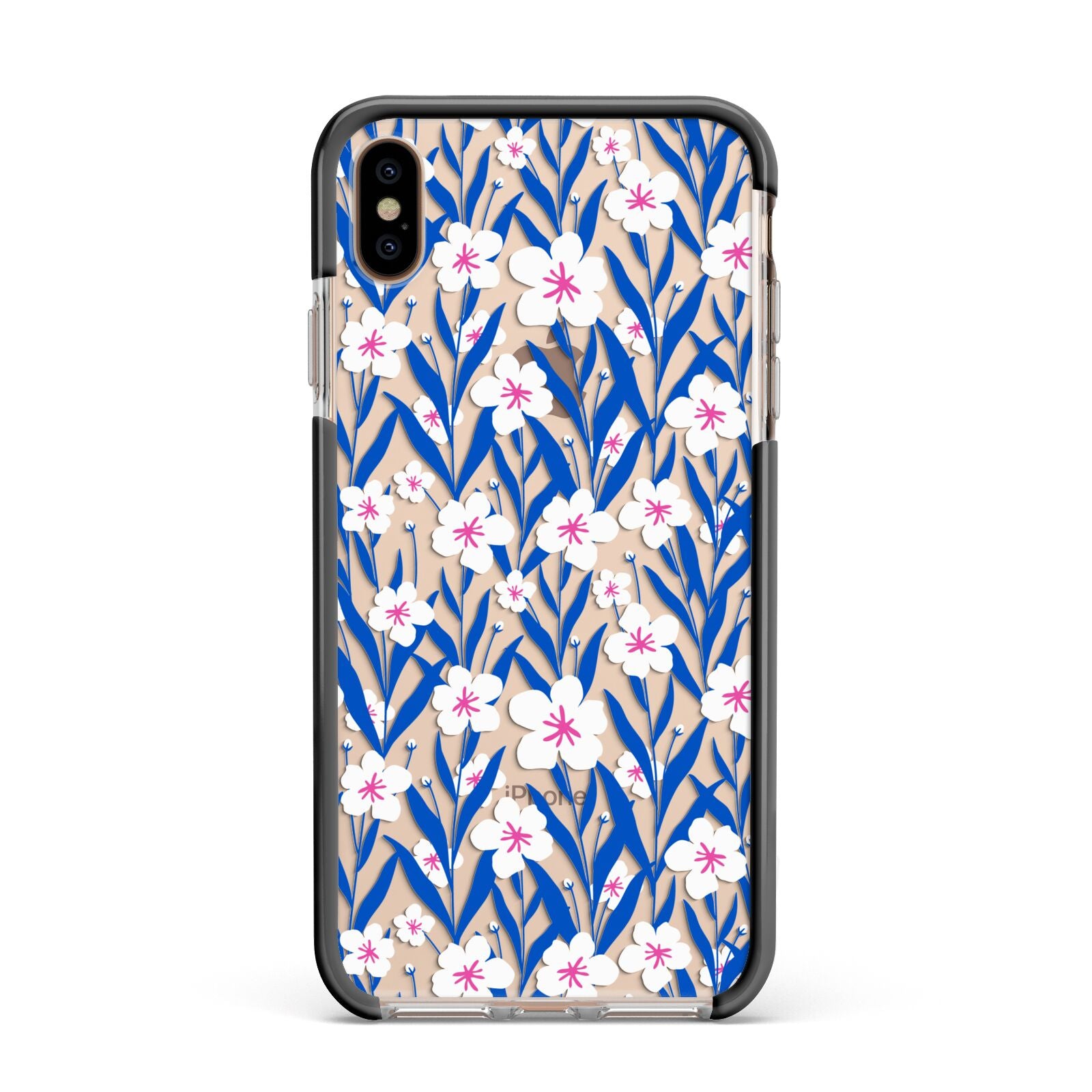 Blue and White Flowers Apple iPhone Xs Max Impact Case Black Edge on Gold Phone
