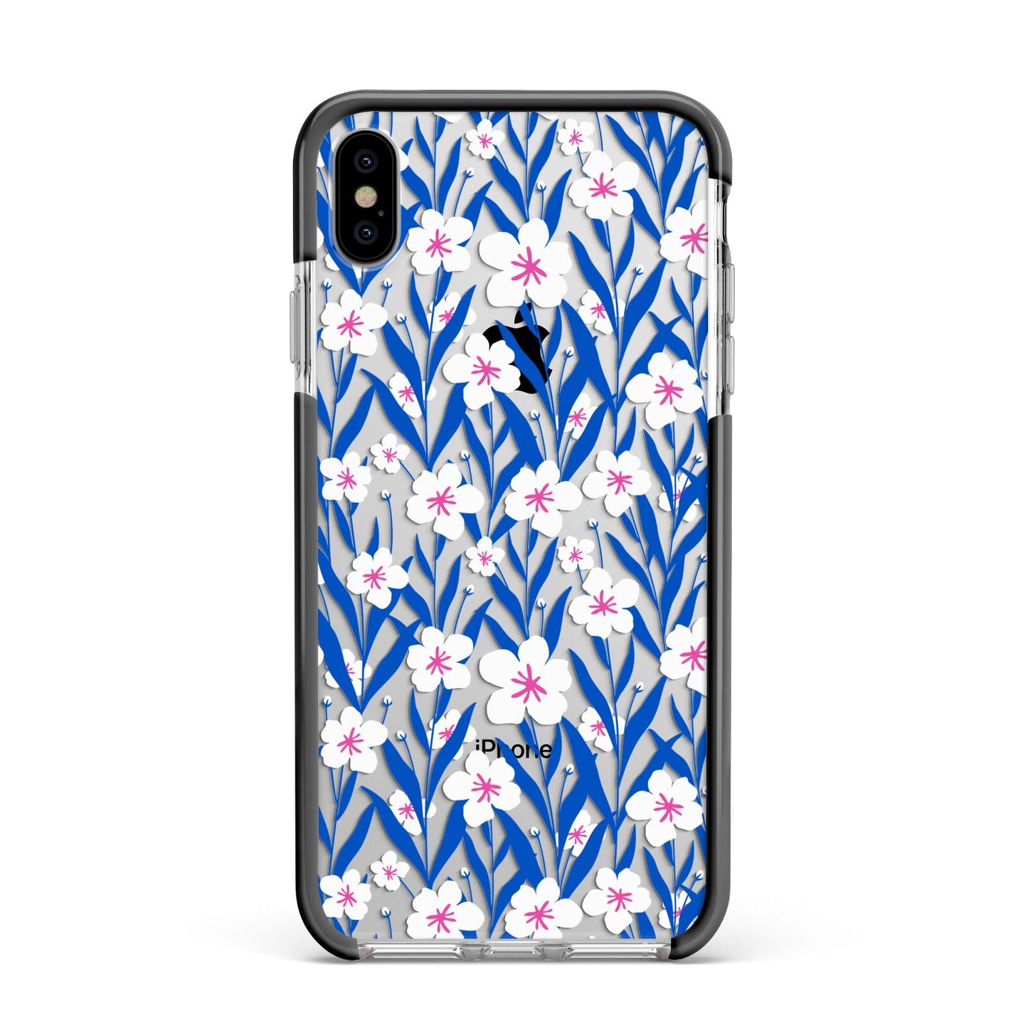 Blue and White Flowers Apple iPhone Xs Max Impact Case Black Edge on Silver Phone