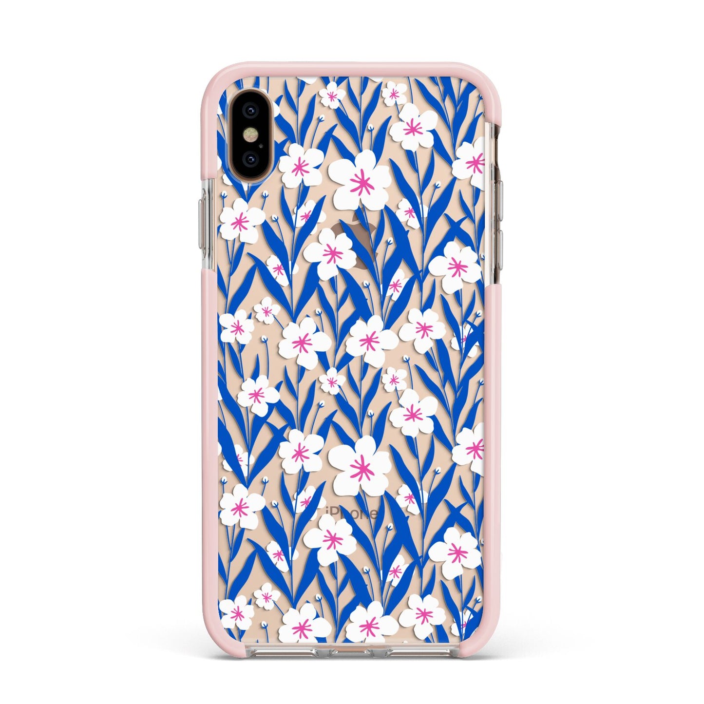 Blue and White Flowers Apple iPhone Xs Max Impact Case Pink Edge on Gold Phone