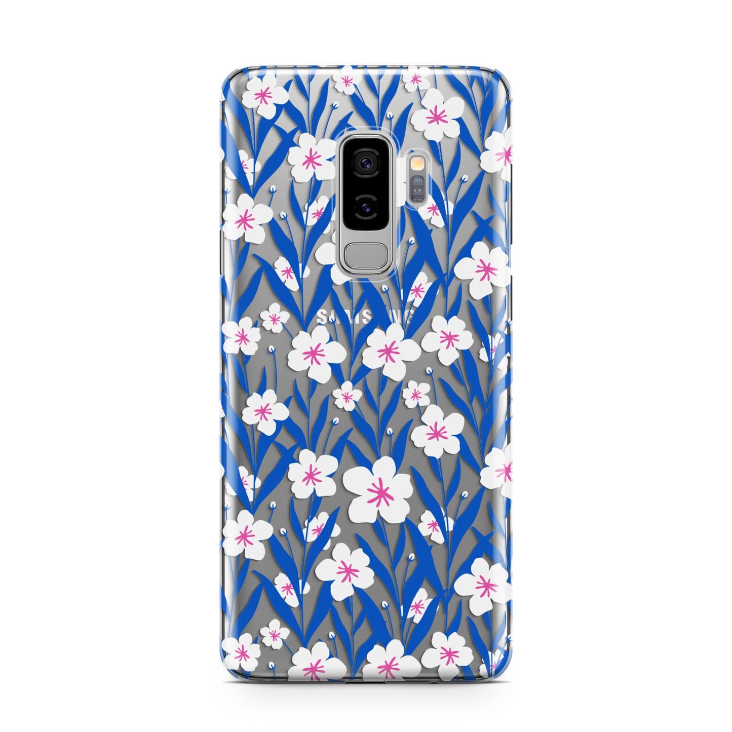 Blue and White Flowers Samsung Galaxy S9 Plus Case on Silver phone