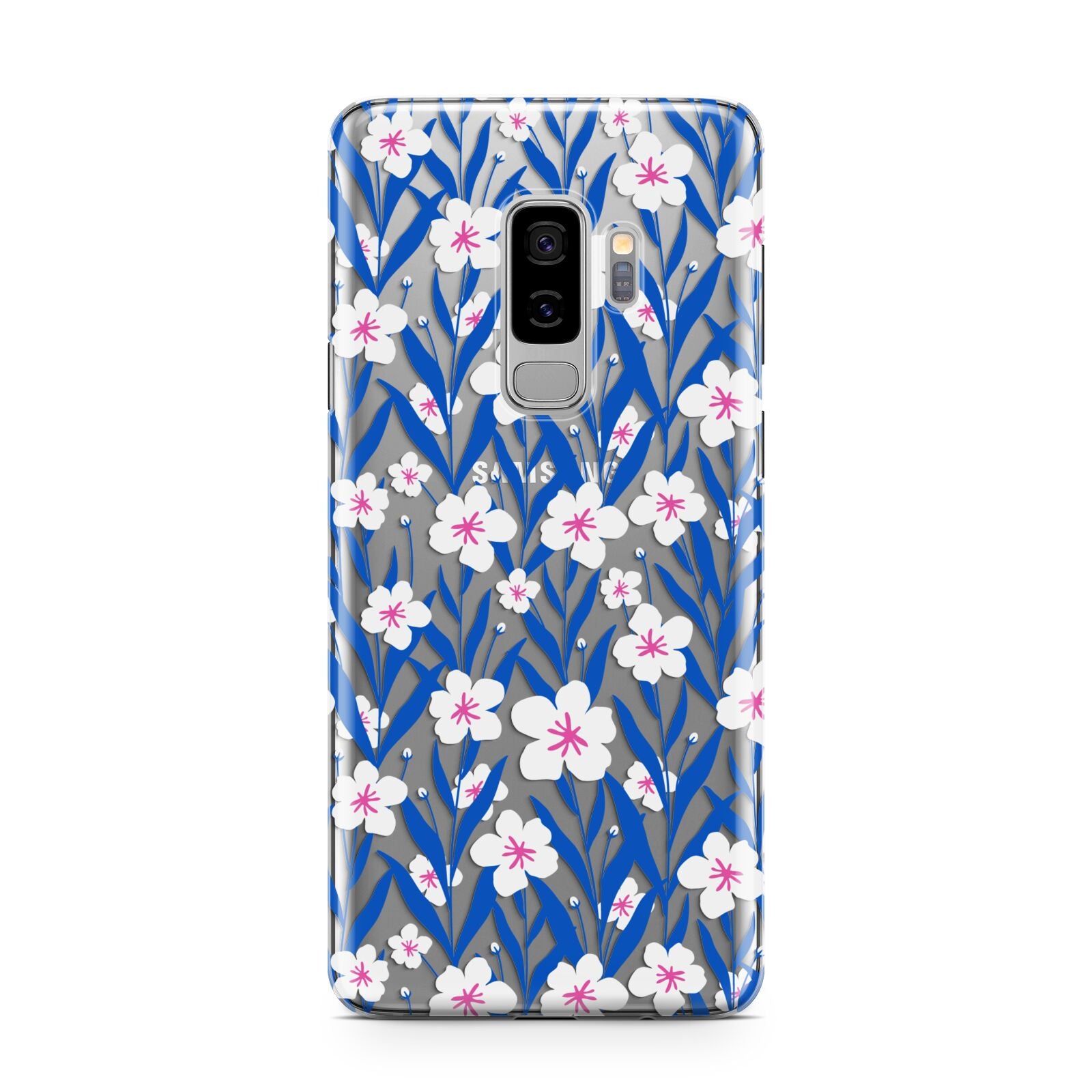 Blue and White Flowers Samsung Galaxy S9 Plus Case on Silver phone