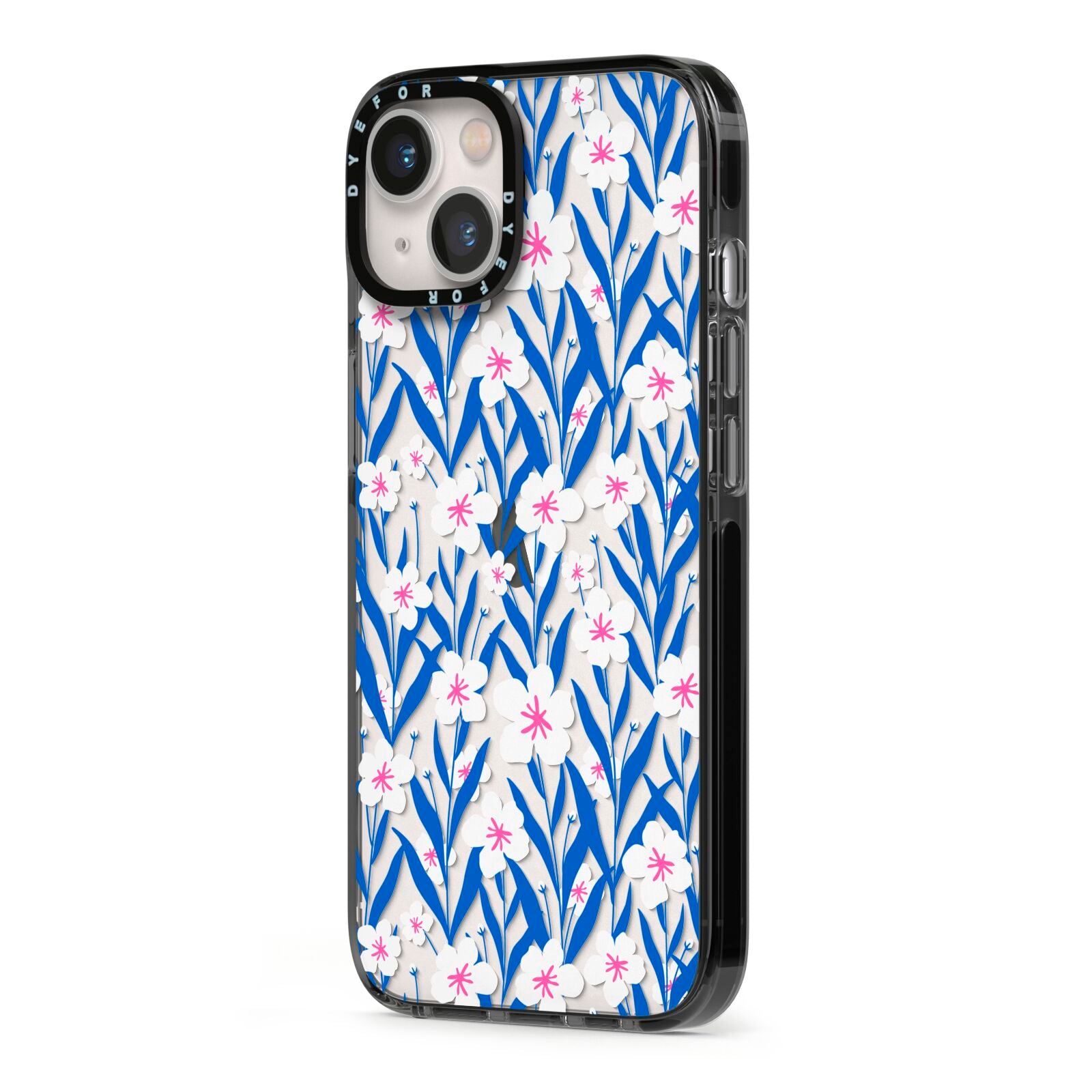 Blue and White Flowers iPhone 13 Black Impact Case Side Angle on Silver phone