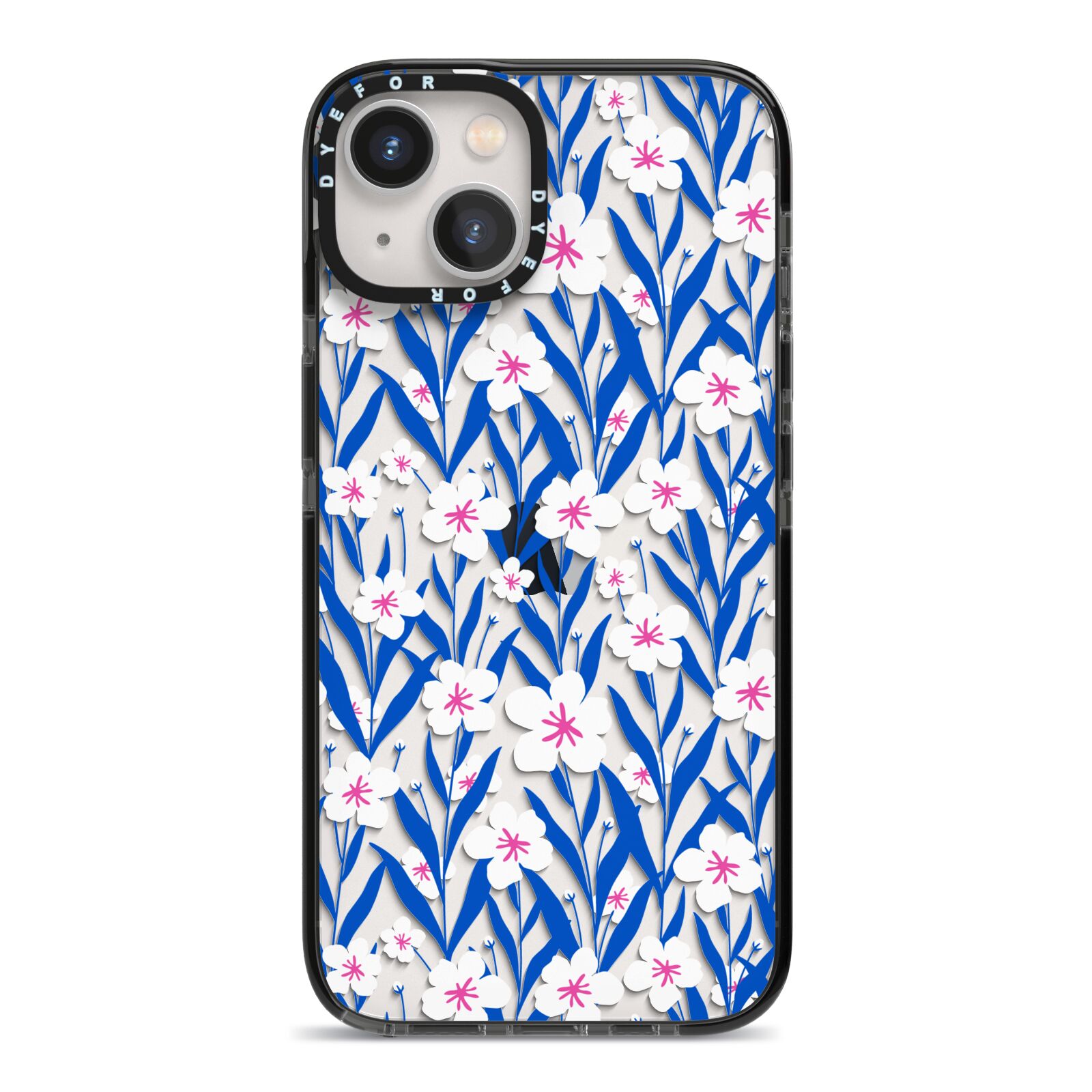 Blue and White Flowers iPhone 13 Black Impact Case on Silver phone