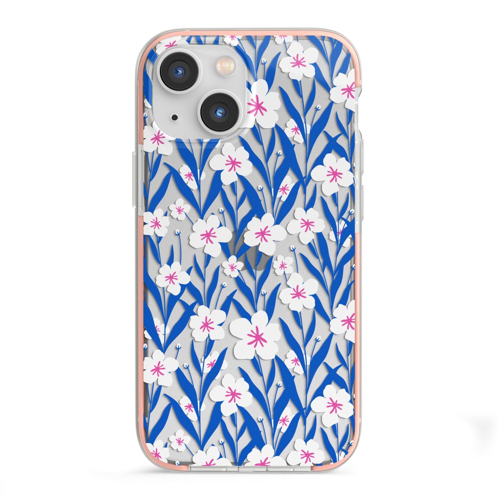 Blue and White Flowers iPhone 13 Mini TPU Impact Case with Pink Edges