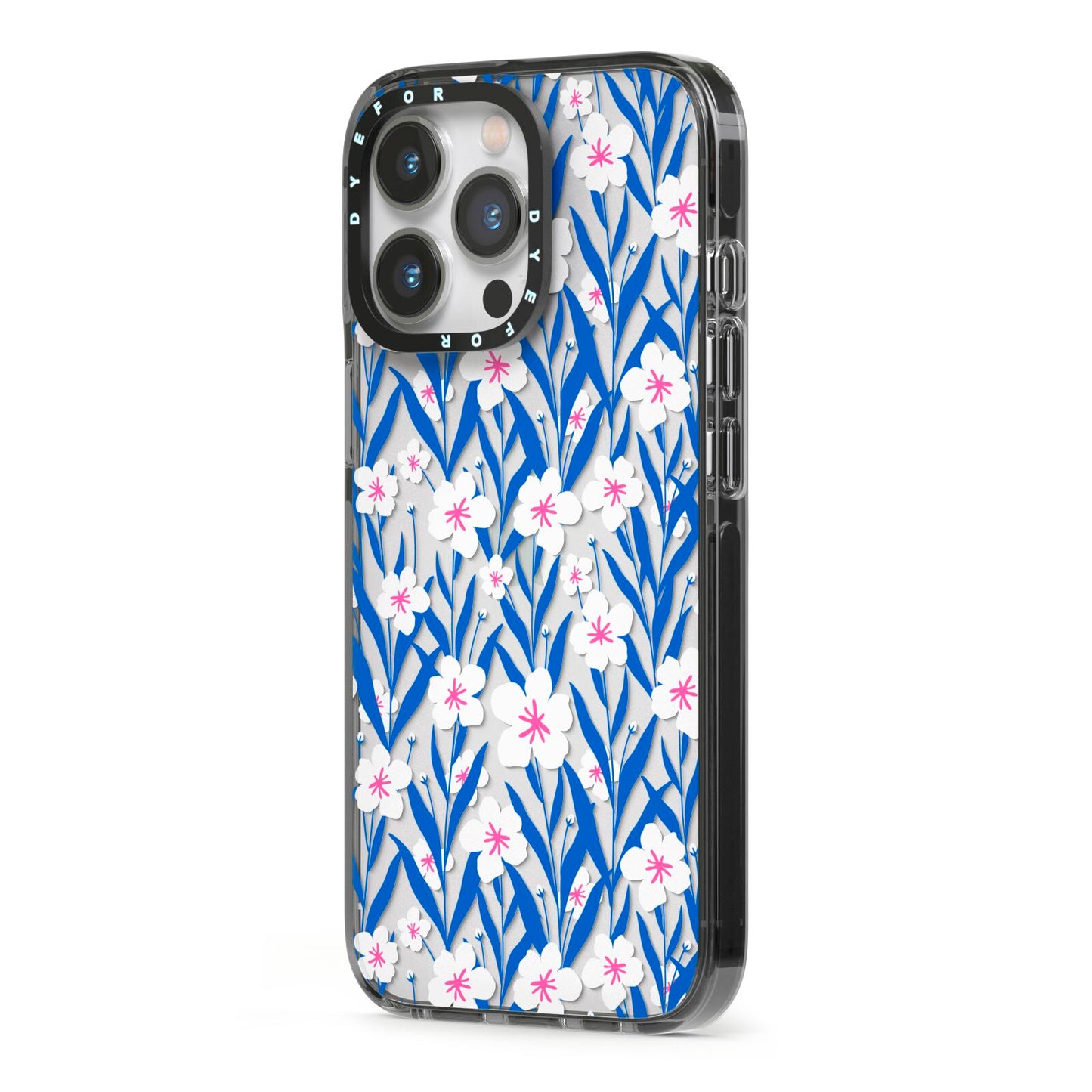Blue and White Flowers iPhone 13 Pro Black Impact Case Side Angle on Silver phone