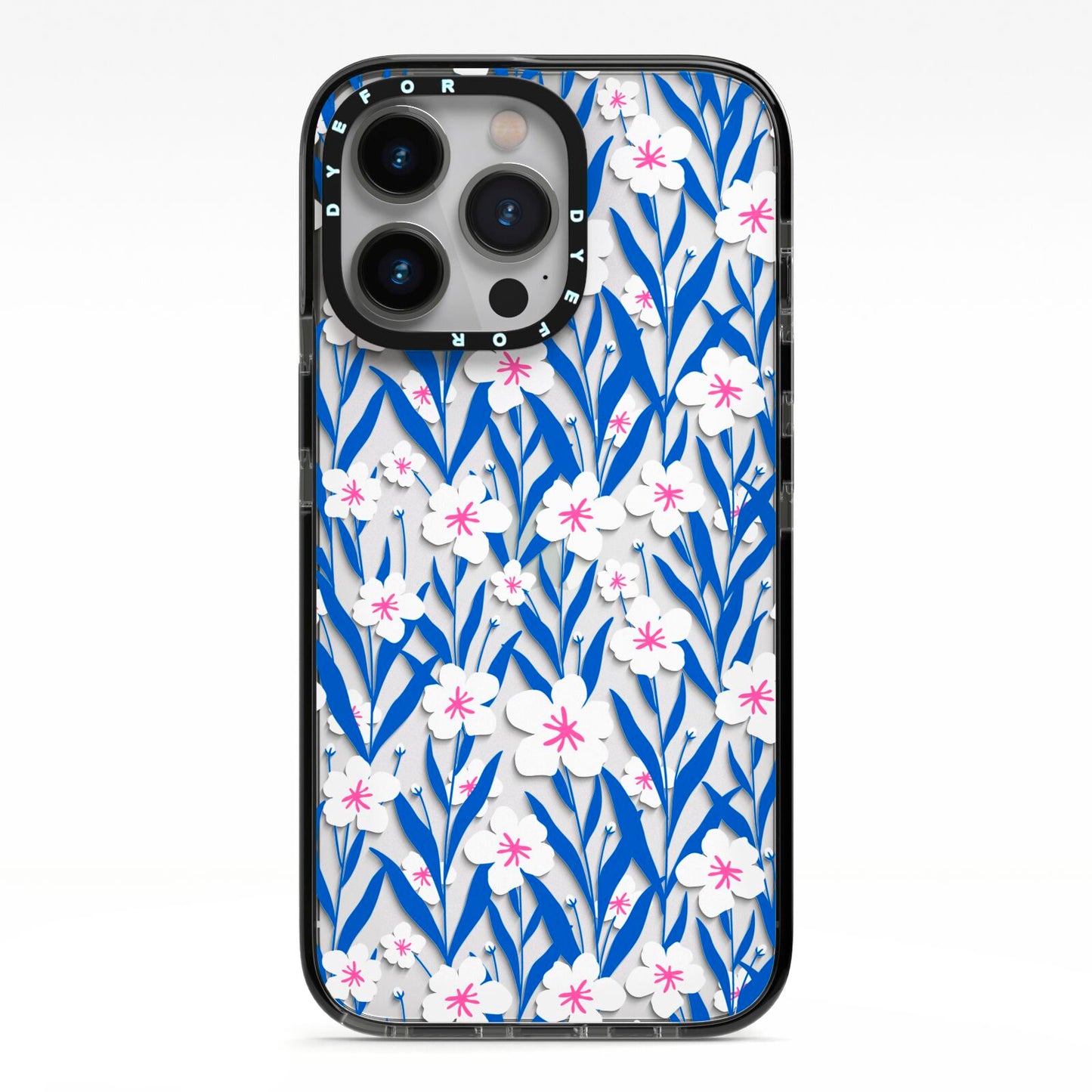 Blue and White Flowers iPhone 13 Pro Black Impact Case on Silver phone
