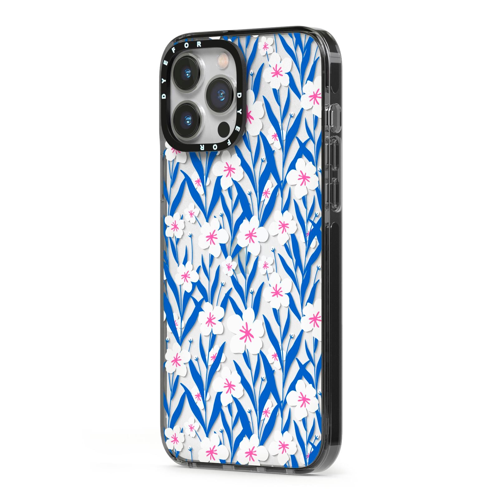 Blue and White Flowers iPhone 13 Pro Max Black Impact Case Side Angle on Silver phone