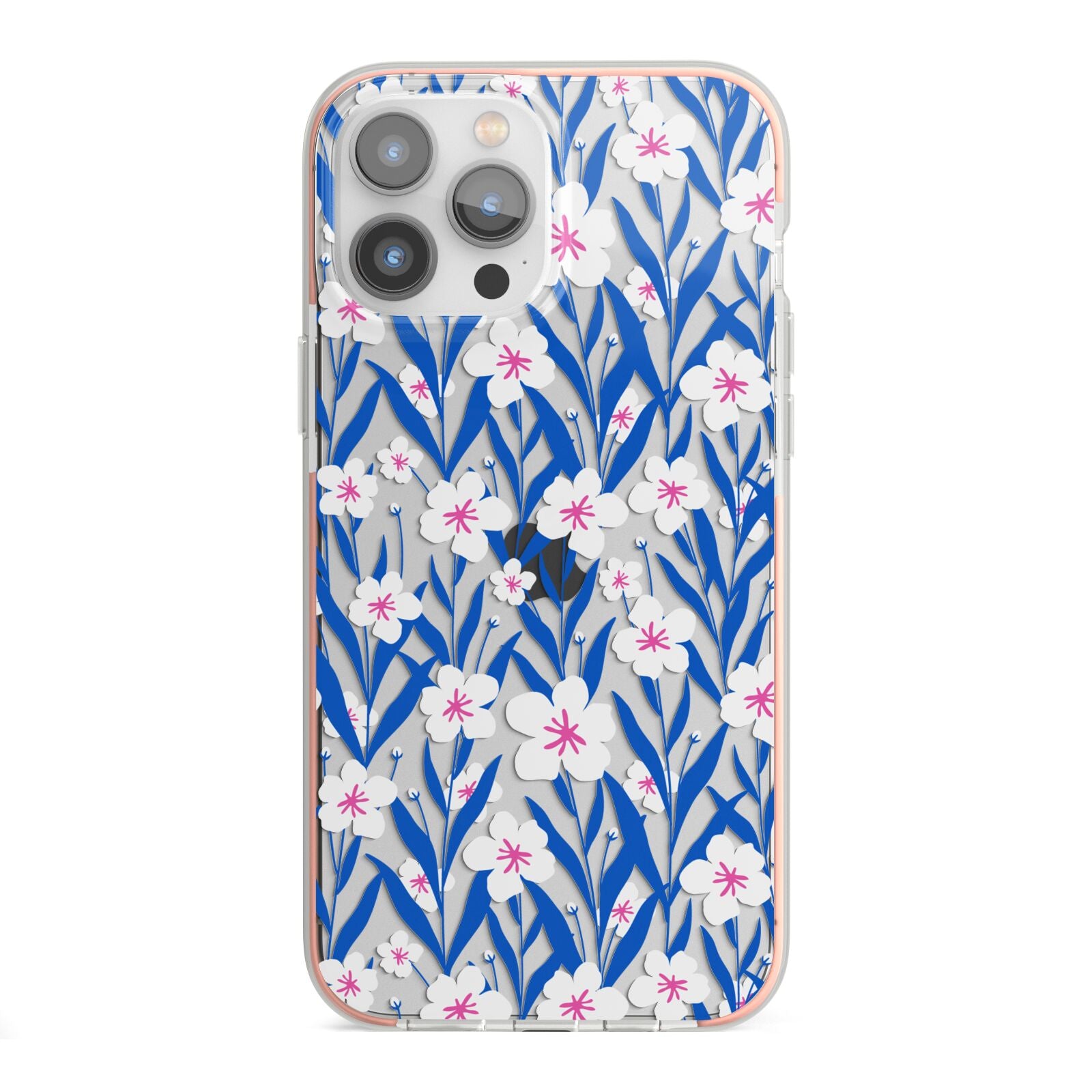Blue and White Flowers iPhone 13 Pro Max TPU Impact Case with Pink Edges