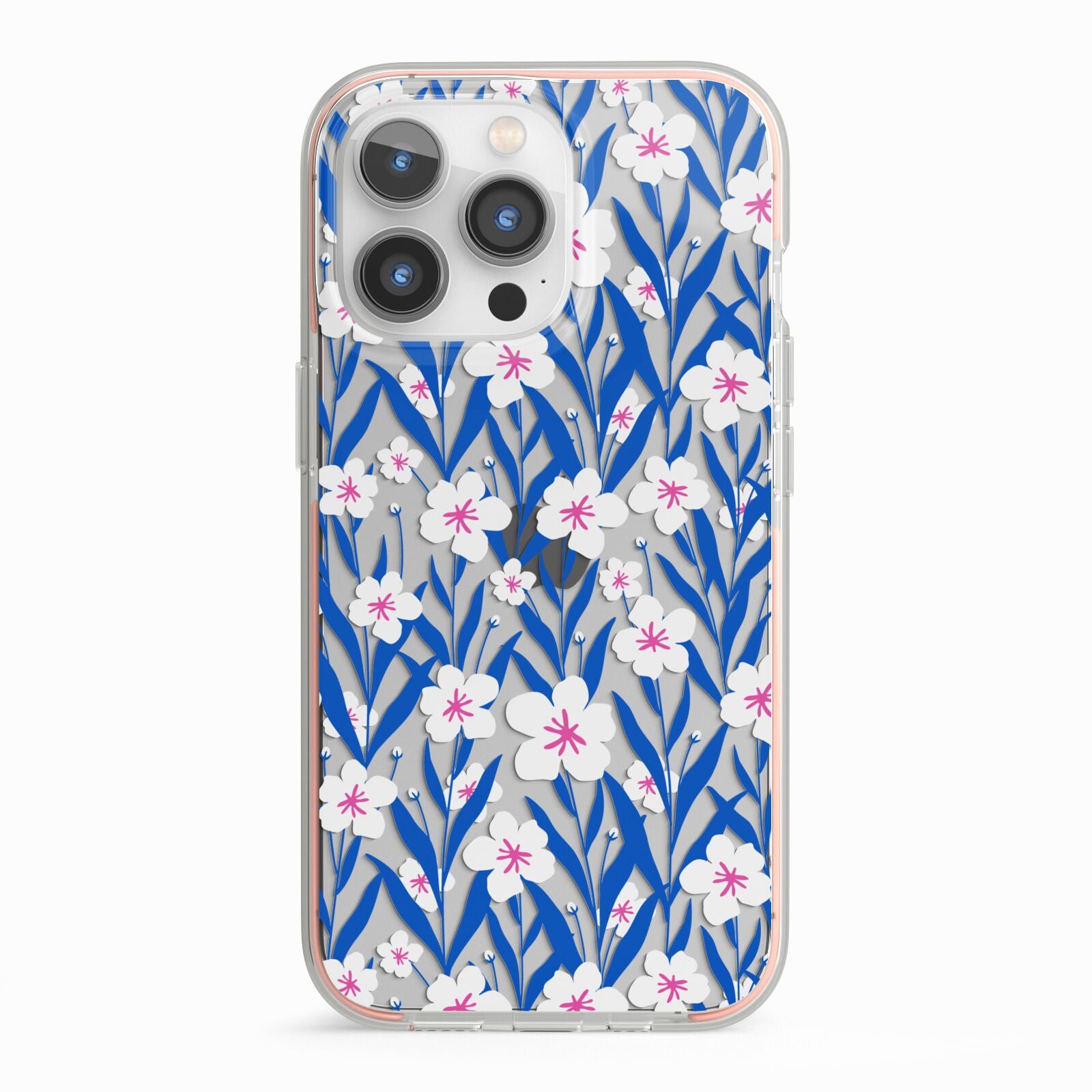 Blue and White Flowers iPhone 13 Pro TPU Impact Case with Pink Edges