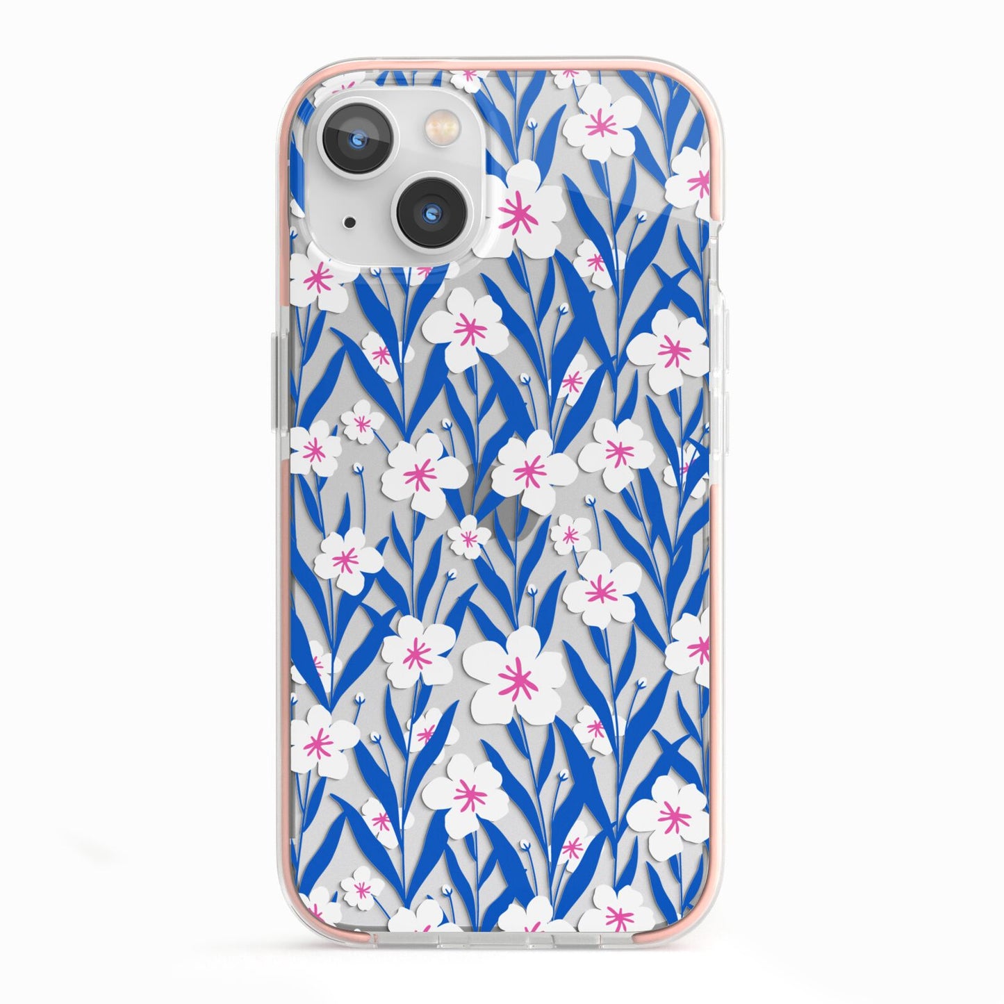 Blue and White Flowers iPhone 13 TPU Impact Case with Pink Edges