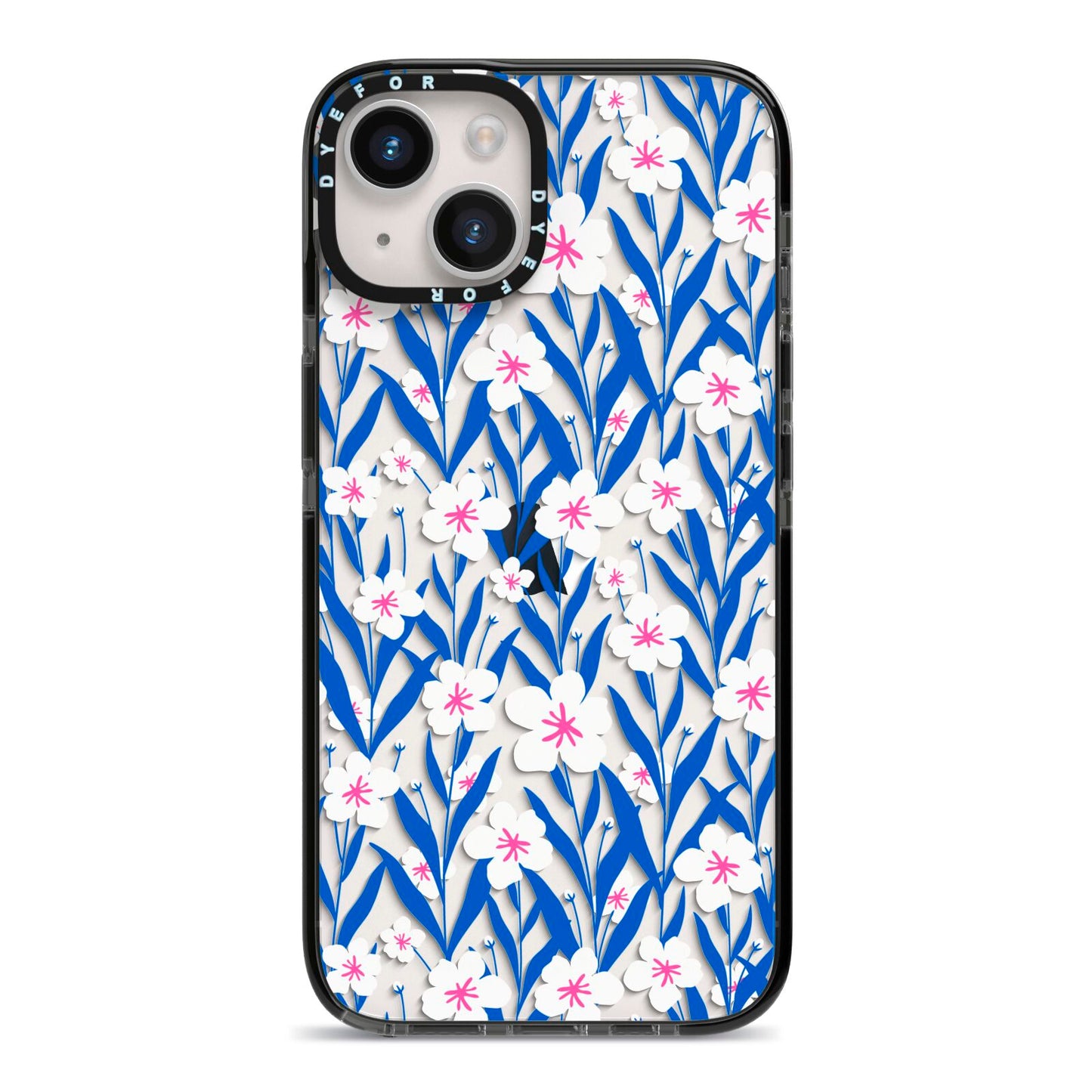 Blue and White Flowers iPhone 14 Black Impact Case on Silver phone