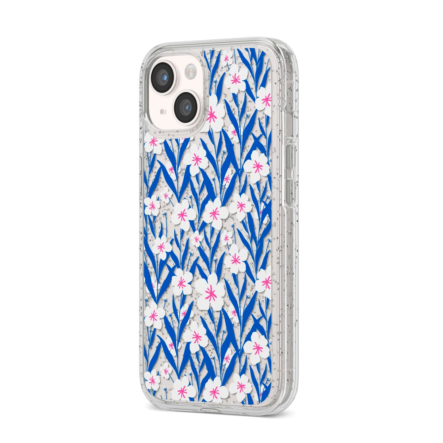 Blue and White Flowers iPhone 14 Glitter Tough Case Starlight Angled Image
