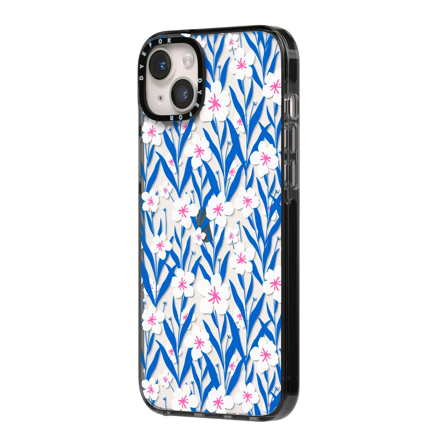 Blue and White Flowers iPhone 14 Plus Black Impact Case Side Angle on Silver phone