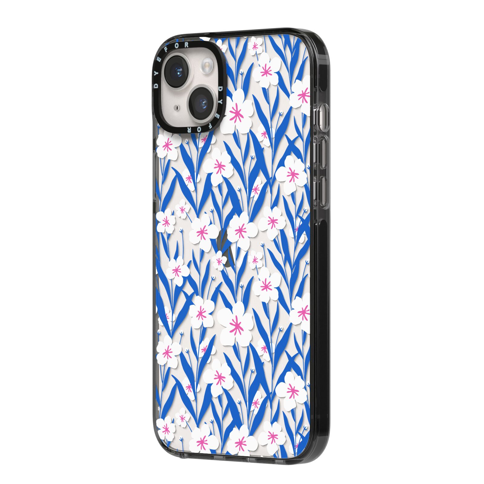 Blue and White Flowers iPhone 14 Plus Black Impact Case Side Angle on Silver phone