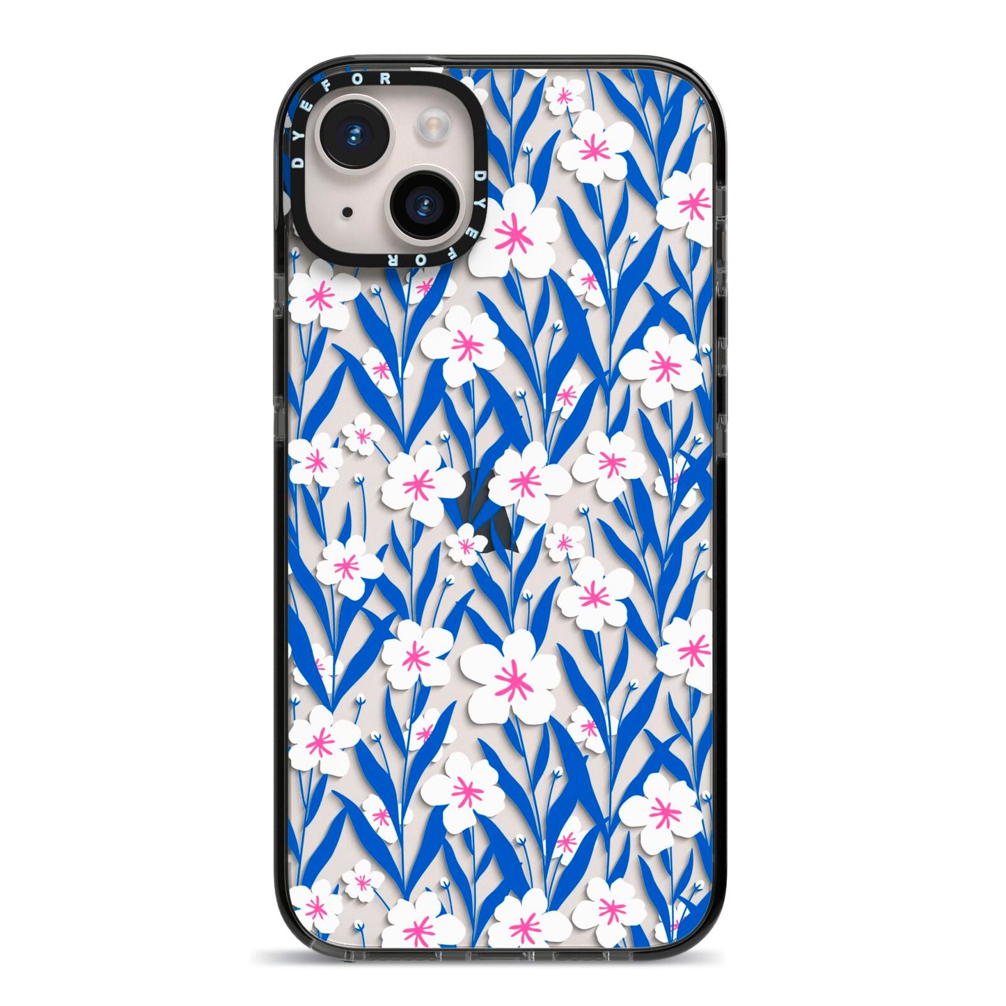Blue and White Flowers iPhone 14 Plus Black Impact Case on Silver phone