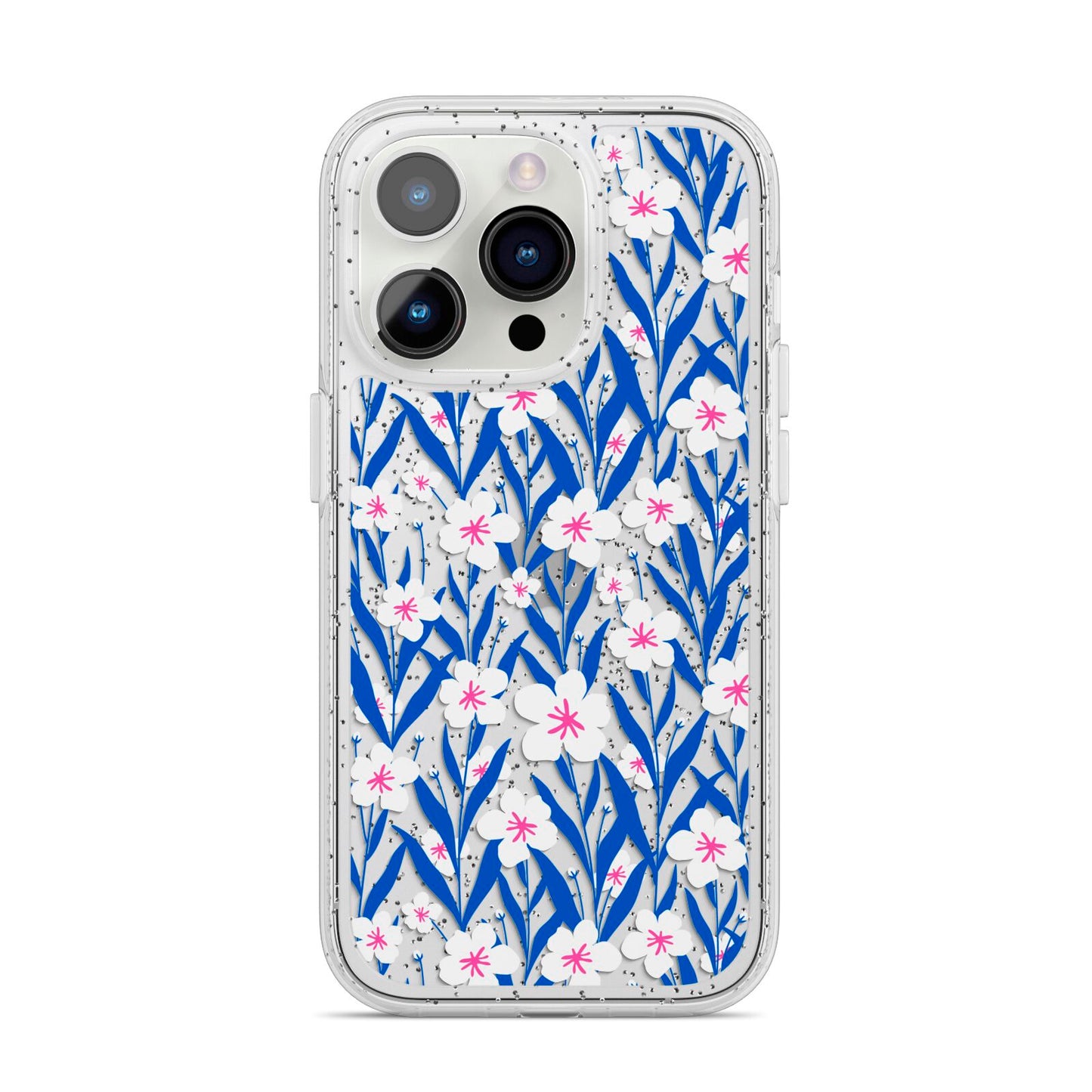 Blue and White Flowers iPhone 14 Pro Glitter Tough Case Silver