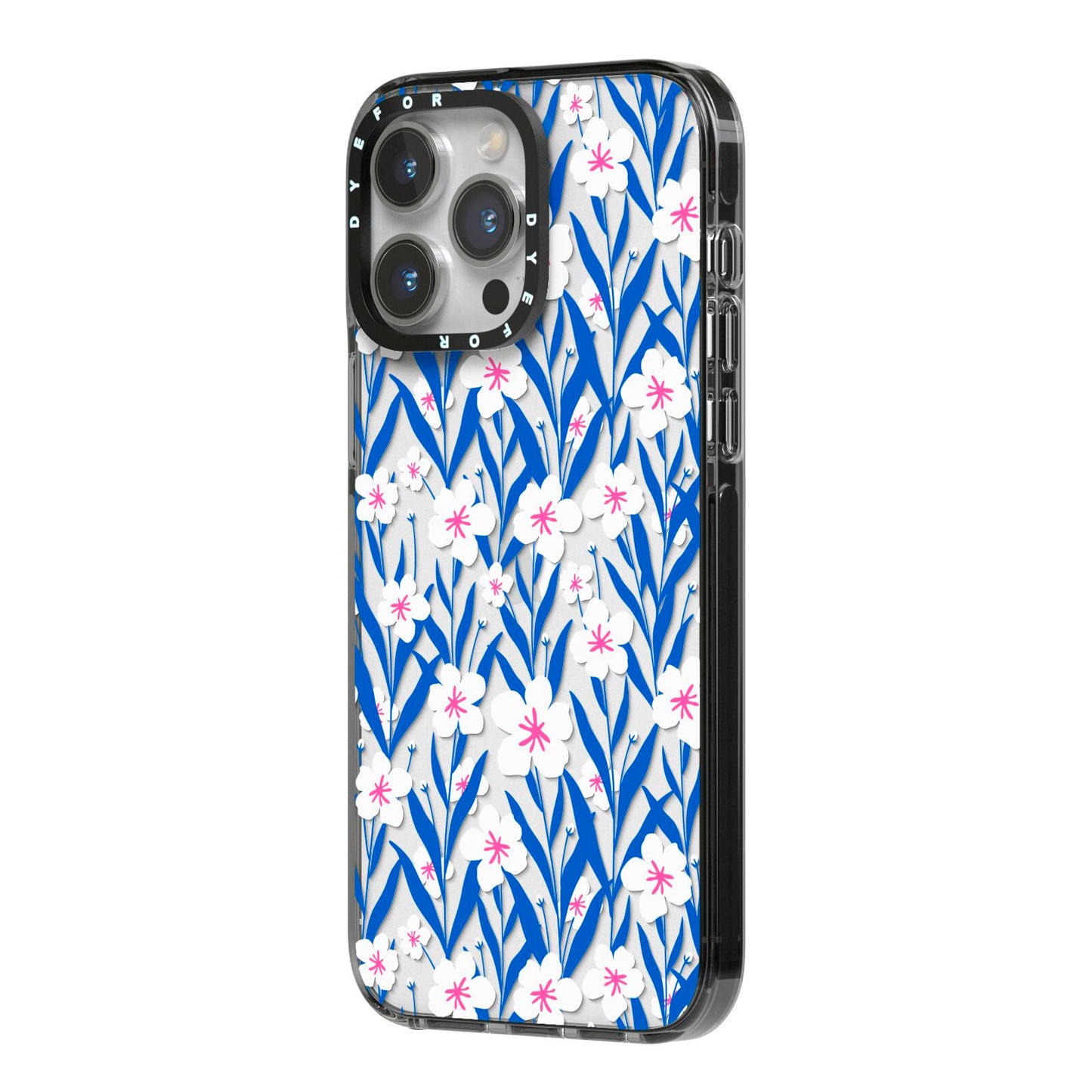 Blue and White Flowers iPhone 14 Pro Max Black Impact Case Side Angle on Silver phone