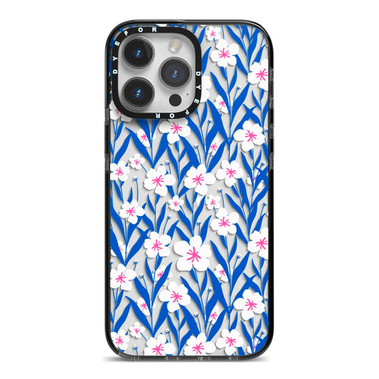Blue and White Flowers iPhone 14 Pro Max Black Impact Case on Silver phone