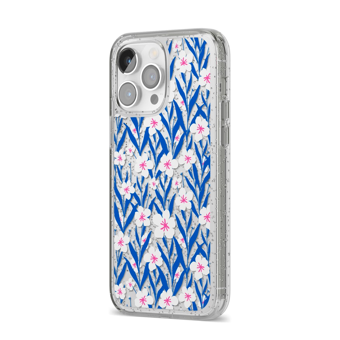 Blue and White Flowers iPhone 14 Pro Max Glitter Tough Case Silver Angled Image