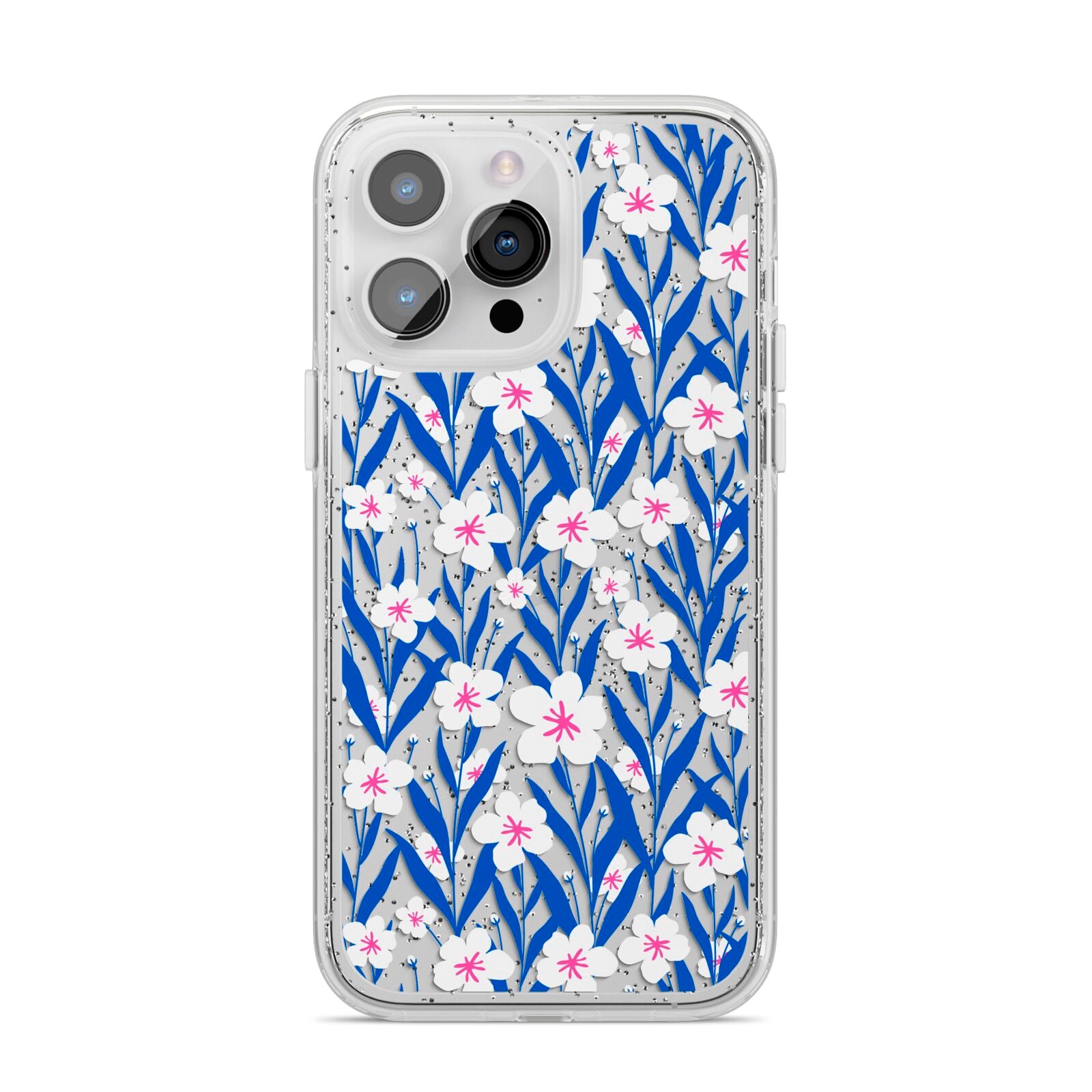 Blue and White Flowers iPhone 14 Pro Max Glitter Tough Case Silver