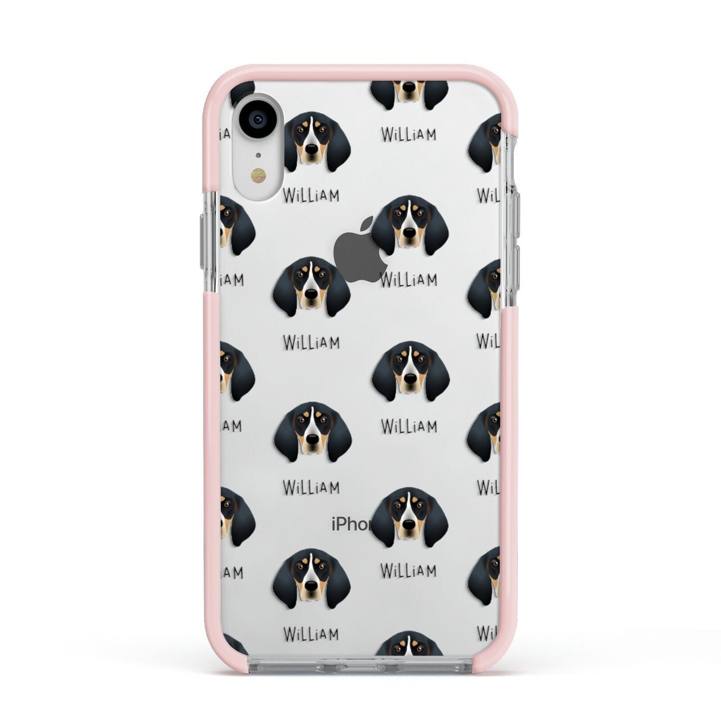 Bluetick Coonhound Icon with Name Apple iPhone XR Impact Case Pink Edge on Silver Phone