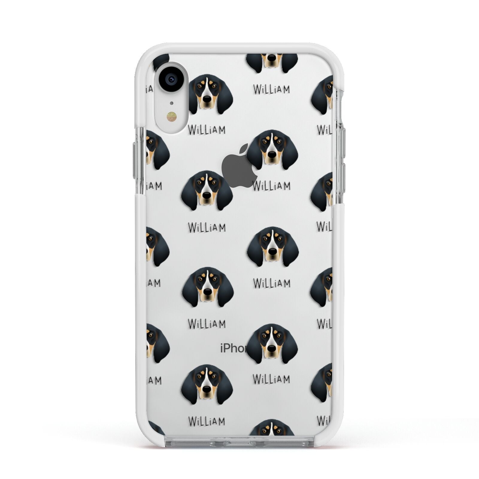 Bluetick Coonhound Icon with Name Apple iPhone XR Impact Case White Edge on Silver Phone