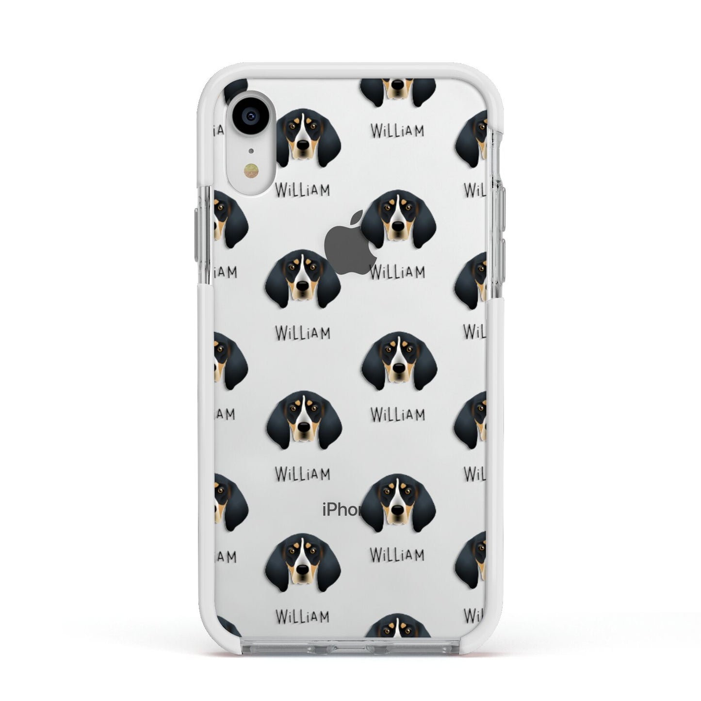 Bluetick Coonhound Icon with Name Apple iPhone XR Impact Case White Edge on Silver Phone