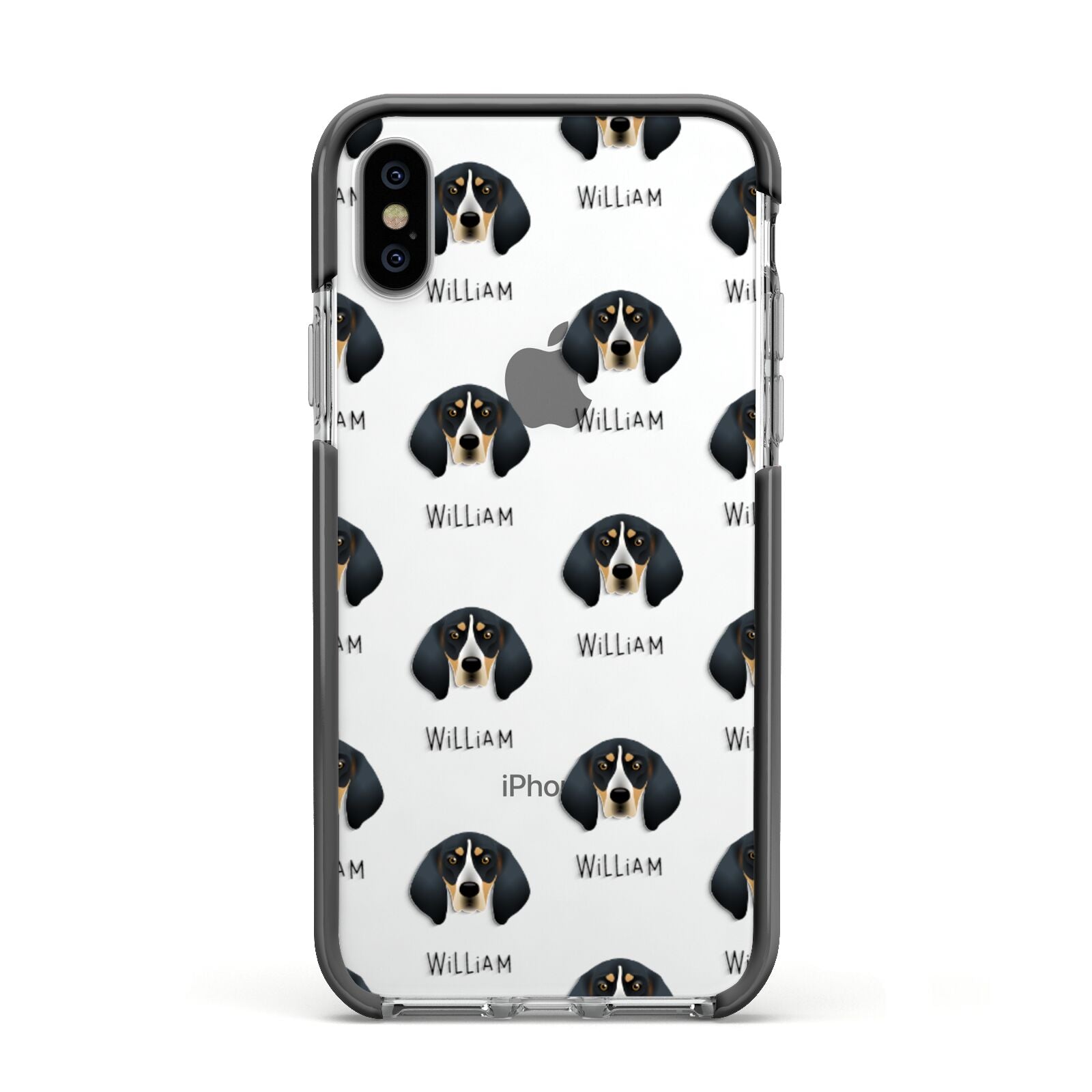 Bluetick Coonhound Icon with Name Apple iPhone Xs Impact Case Black Edge on Silver Phone