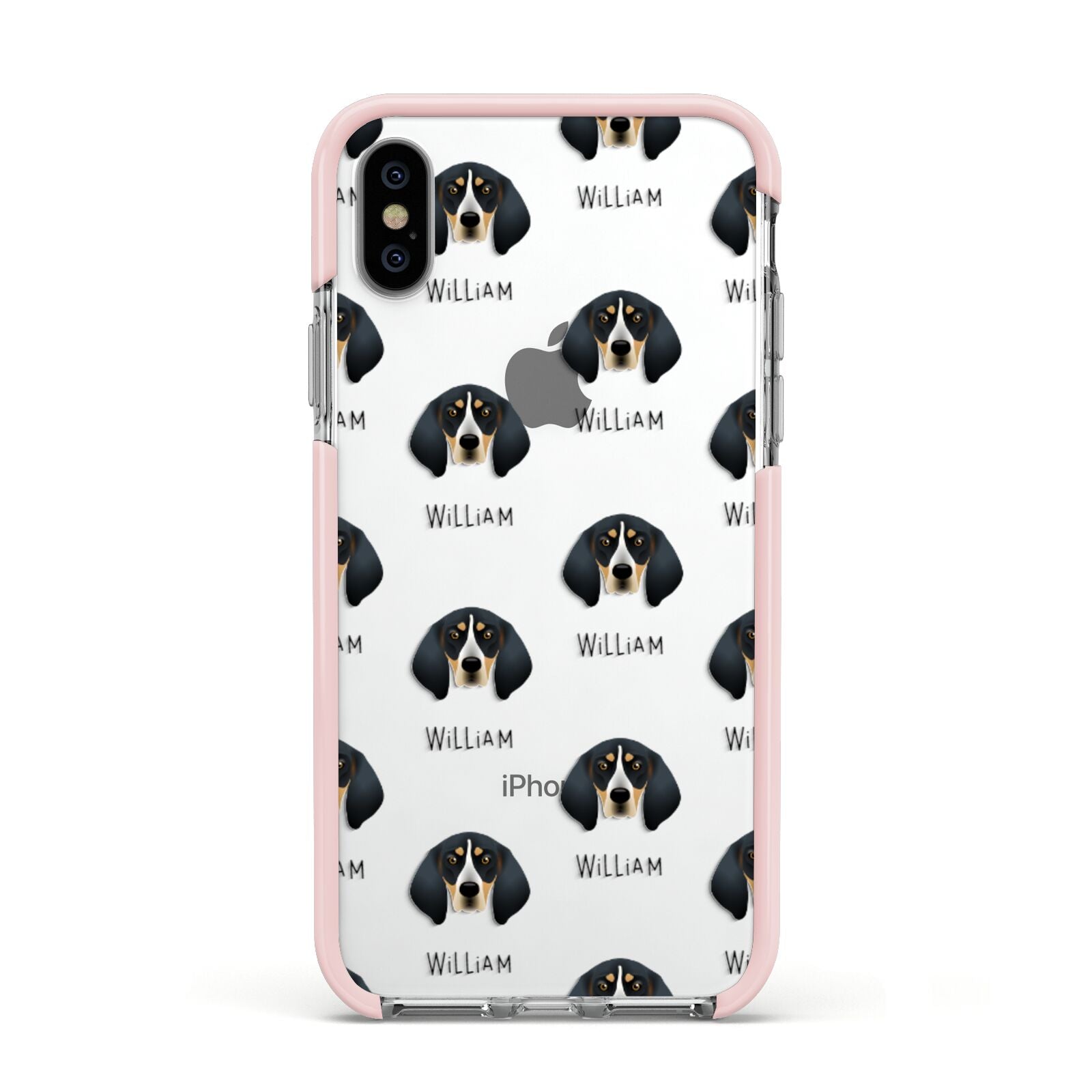 Bluetick Coonhound Icon with Name Apple iPhone Xs Impact Case Pink Edge on Silver Phone