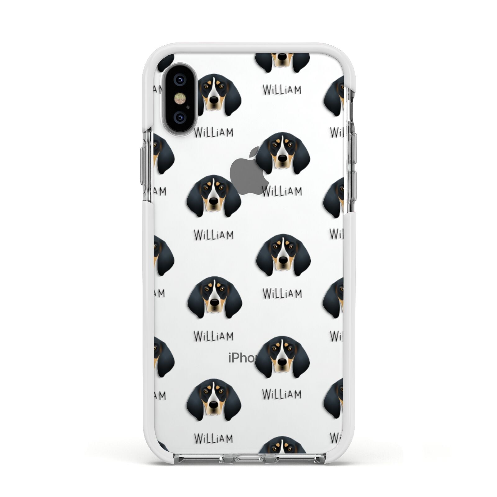 Bluetick Coonhound Icon with Name Apple iPhone Xs Impact Case White Edge on Silver Phone
