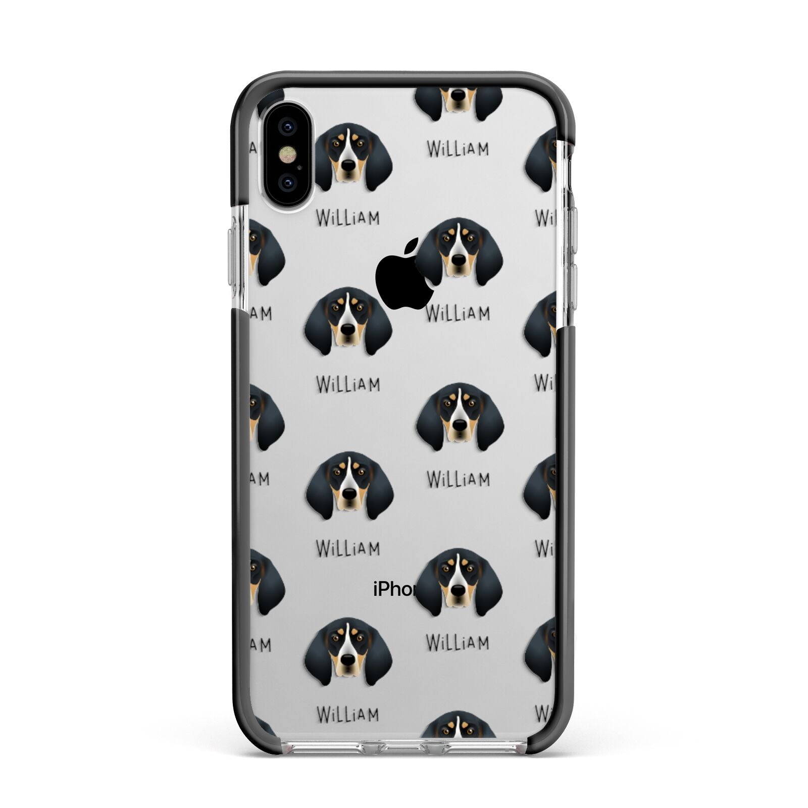 Bluetick Coonhound Icon with Name Apple iPhone Xs Max Impact Case Black Edge on Silver Phone