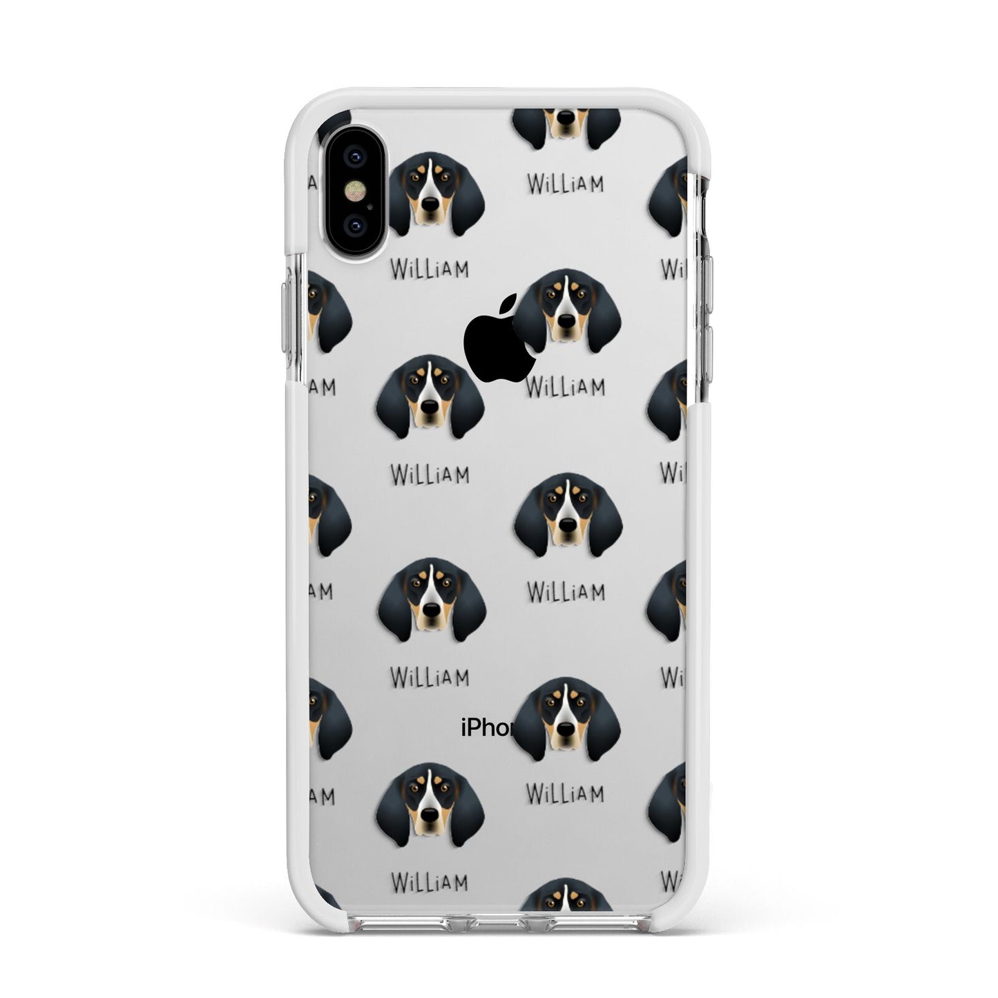Bluetick Coonhound Icon with Name Apple iPhone Xs Max Impact Case White Edge on Silver Phone
