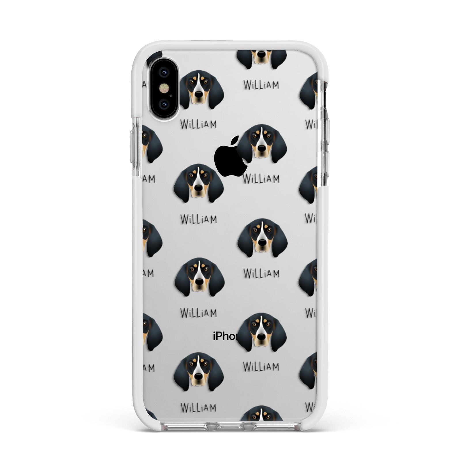 Bluetick Coonhound Icon with Name Apple iPhone Xs Max Impact Case White Edge on Silver Phone