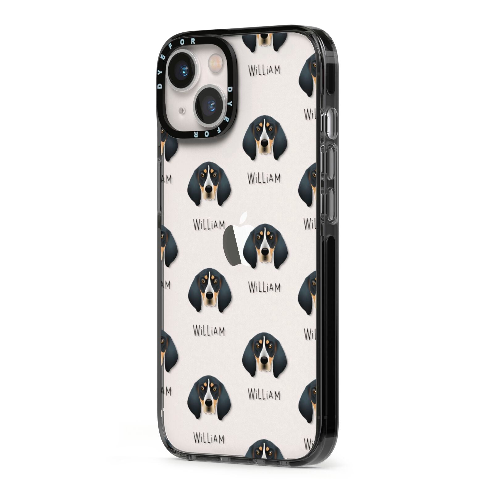 Bluetick Coonhound Icon with Name iPhone 13 Black Impact Case Side Angle on Silver phone