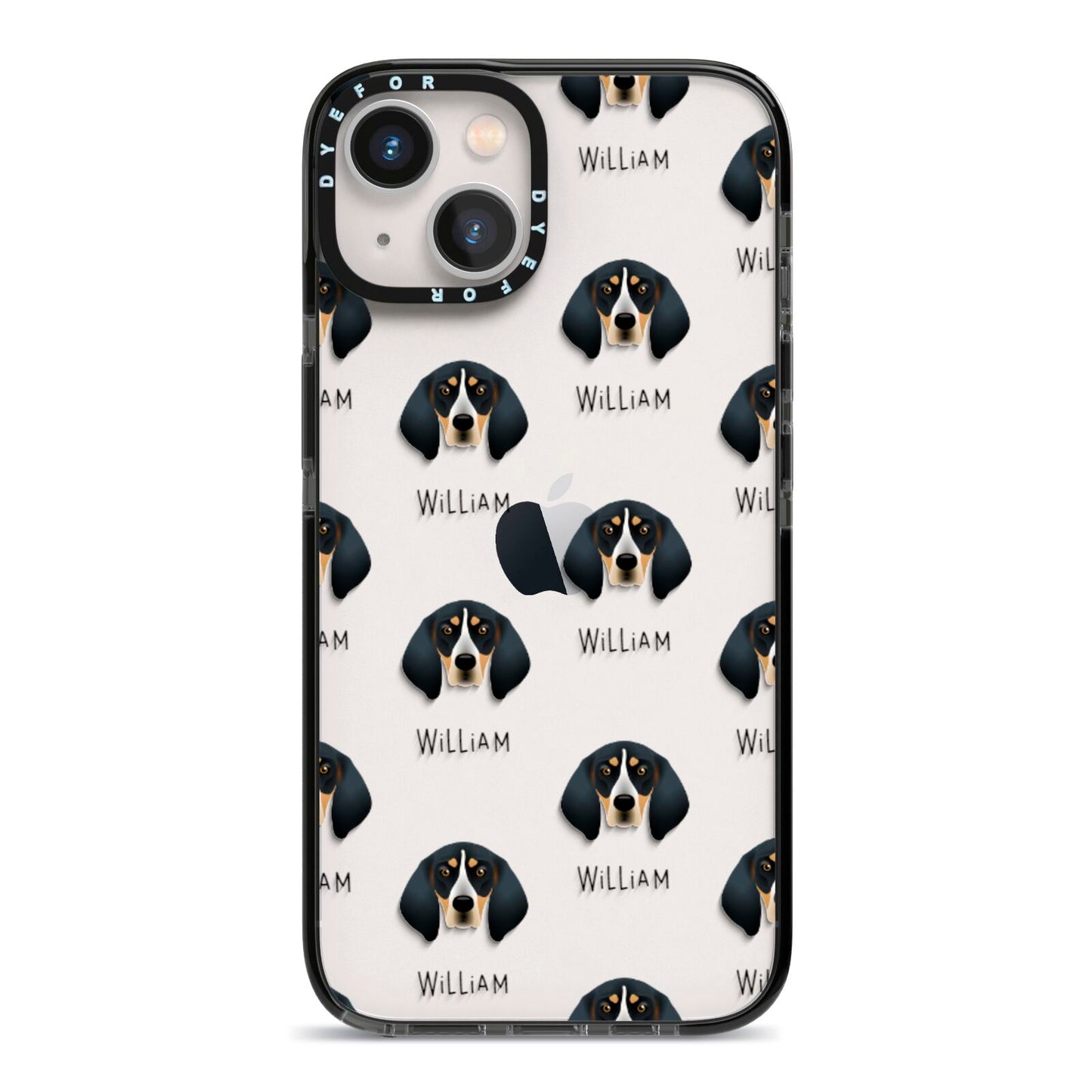 Bluetick Coonhound Icon with Name iPhone 13 Black Impact Case on Silver phone