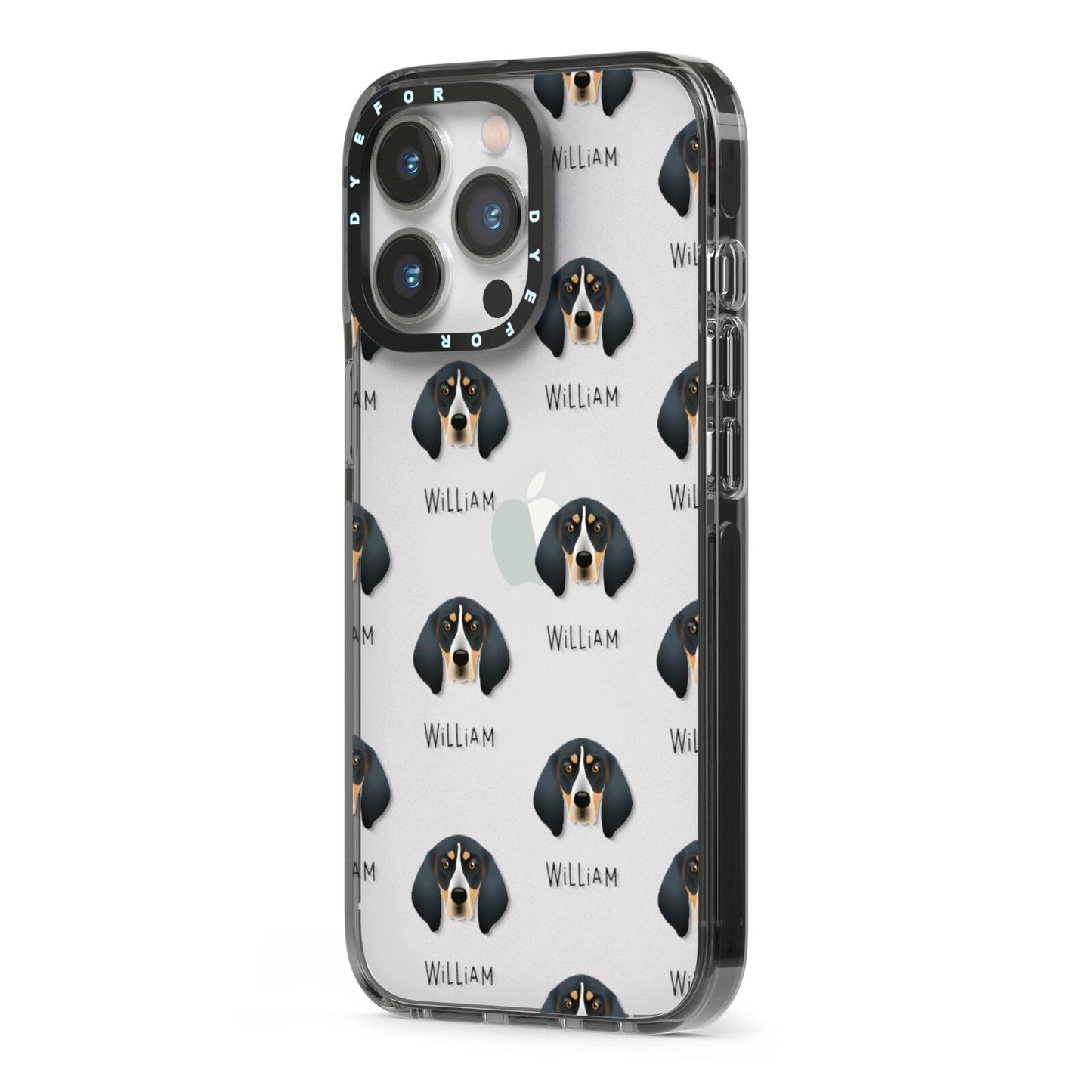 Bluetick Coonhound Icon with Name iPhone 13 Pro Black Impact Case Side Angle on Silver phone