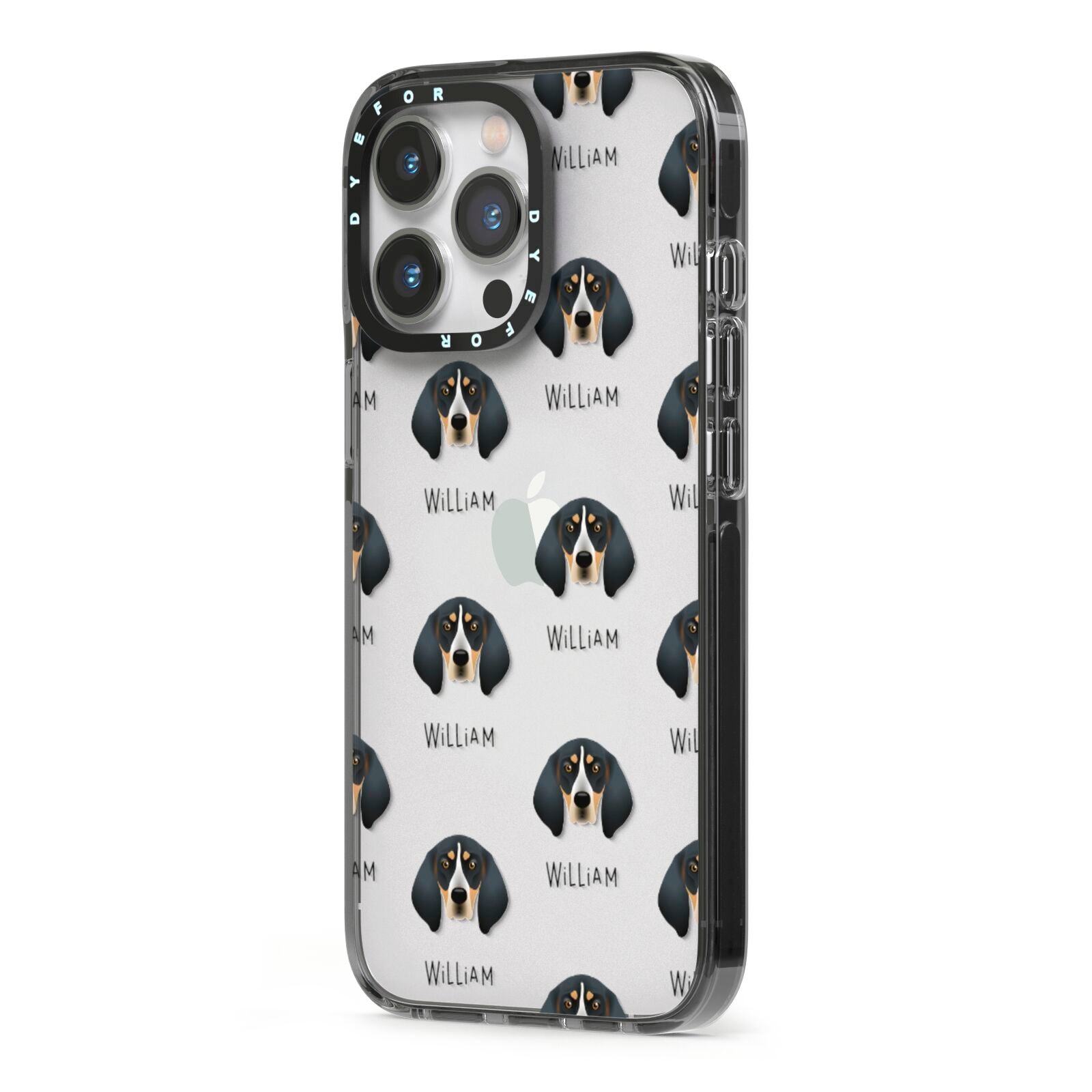 Bluetick Coonhound Icon with Name iPhone 13 Pro Black Impact Case Side Angle on Silver phone