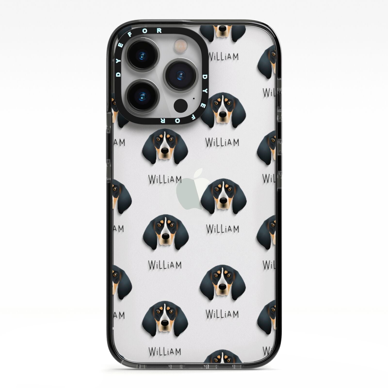 Bluetick Coonhound Icon with Name iPhone 13 Pro Black Impact Case on Silver phone