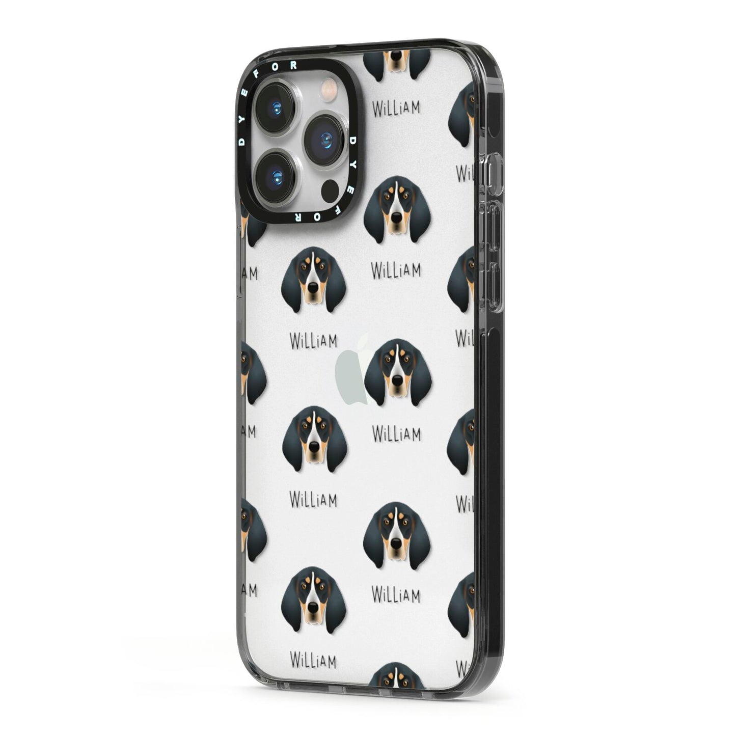 Bluetick Coonhound Icon with Name iPhone 13 Pro Max Black Impact Case Side Angle on Silver phone