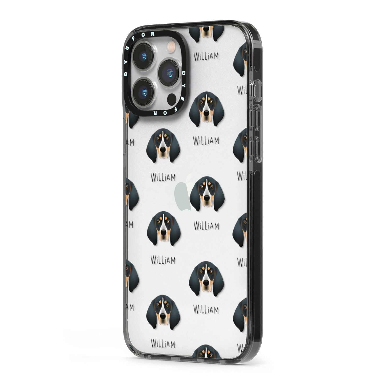 Bluetick Coonhound Icon with Name iPhone 13 Pro Max Black Impact Case Side Angle on Silver phone
