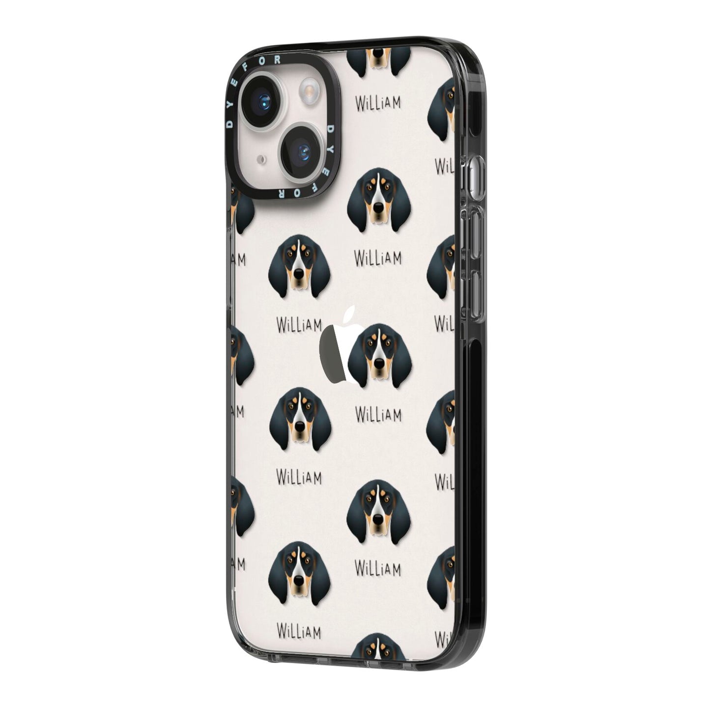 Bluetick Coonhound Icon with Name iPhone 14 Black Impact Case Side Angle on Silver phone