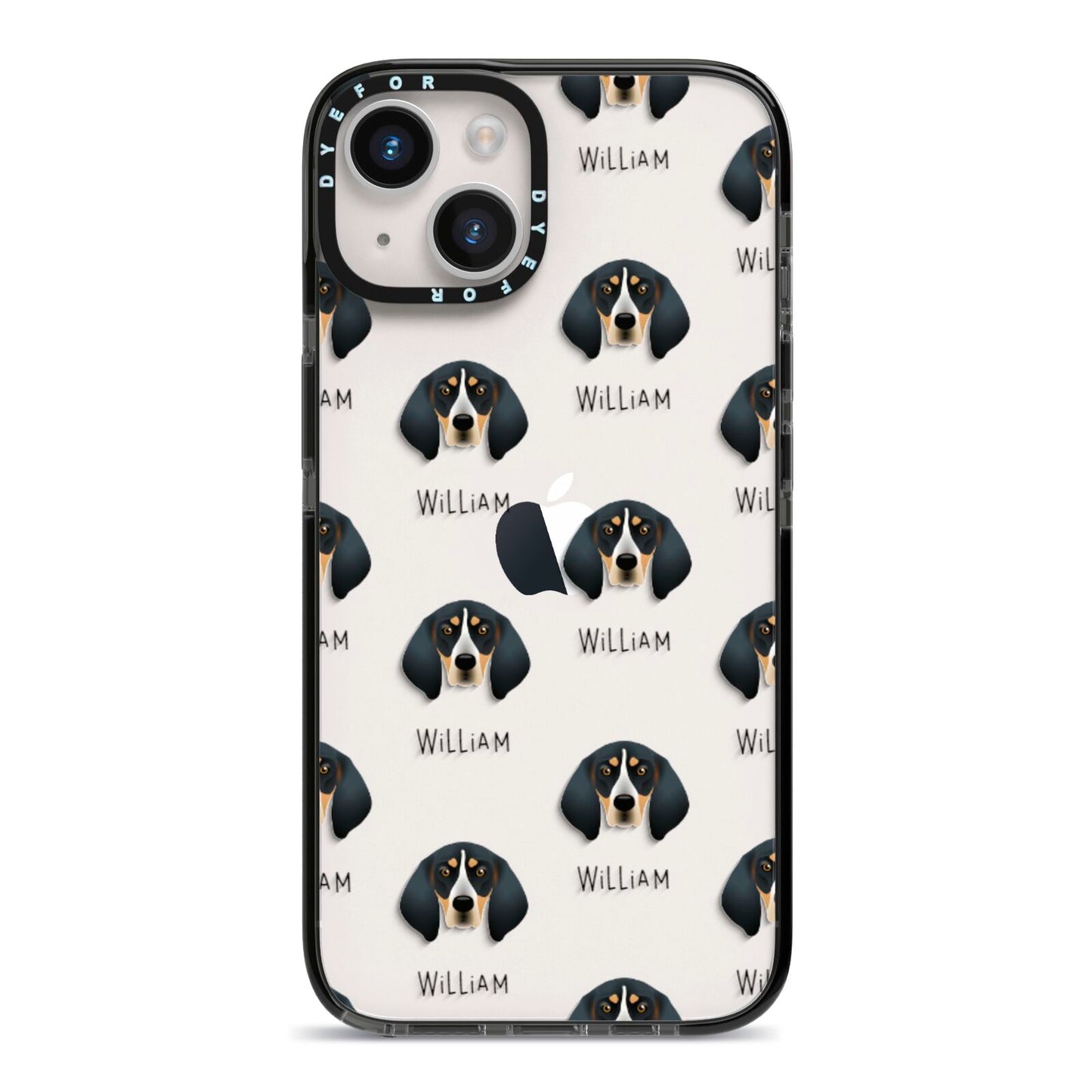 Bluetick Coonhound Icon with Name iPhone 14 Black Impact Case on Silver phone