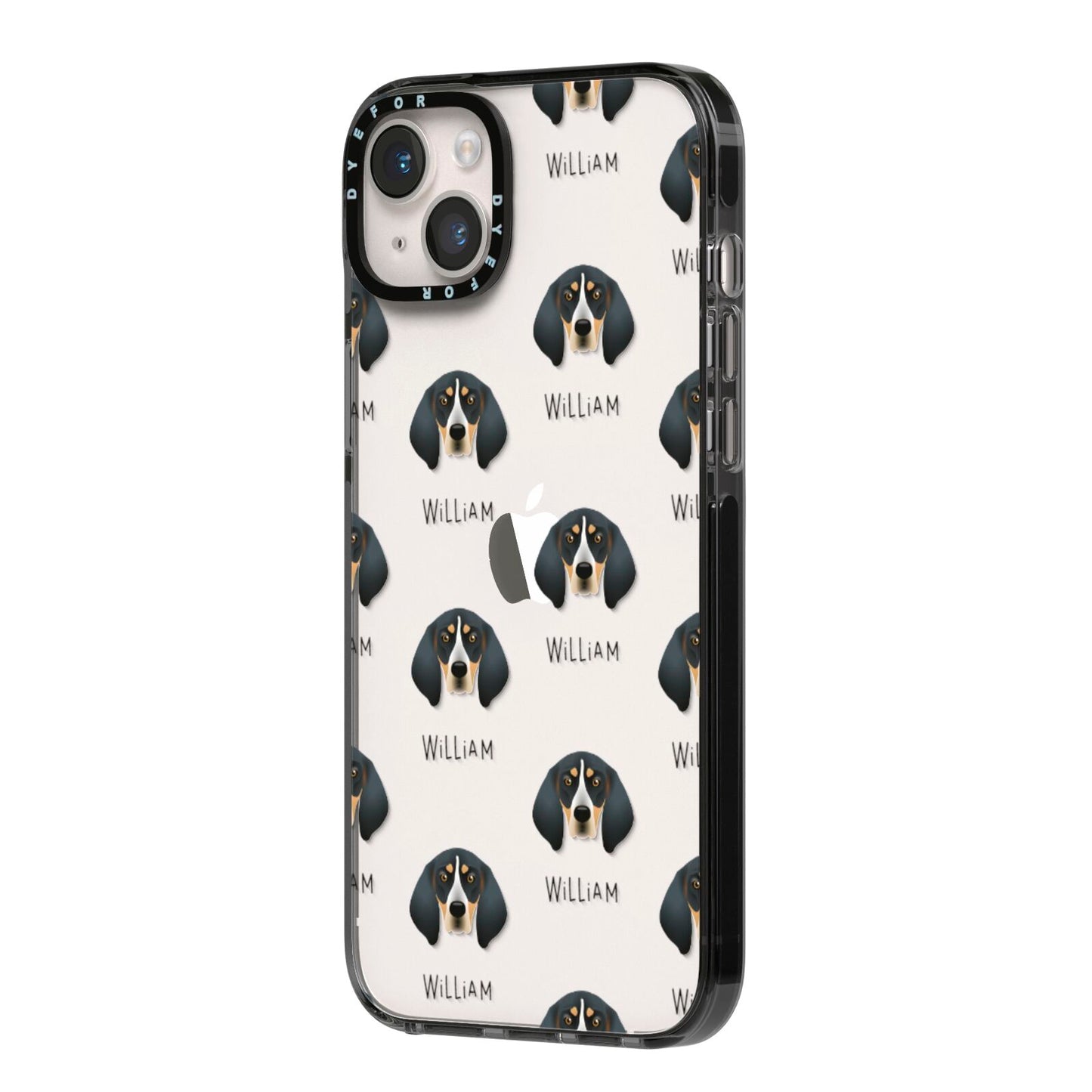 Bluetick Coonhound Icon with Name iPhone 14 Plus Black Impact Case Side Angle on Silver phone