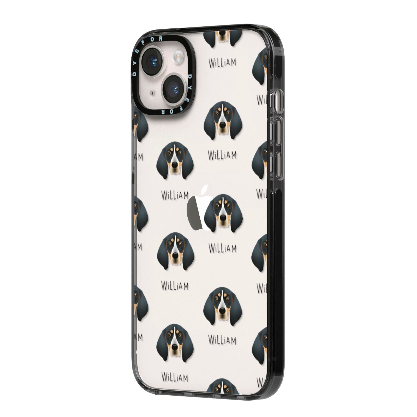 Bluetick Coonhound Icon with Name iPhone 14 Plus Black Impact Case Side Angle on Silver phone