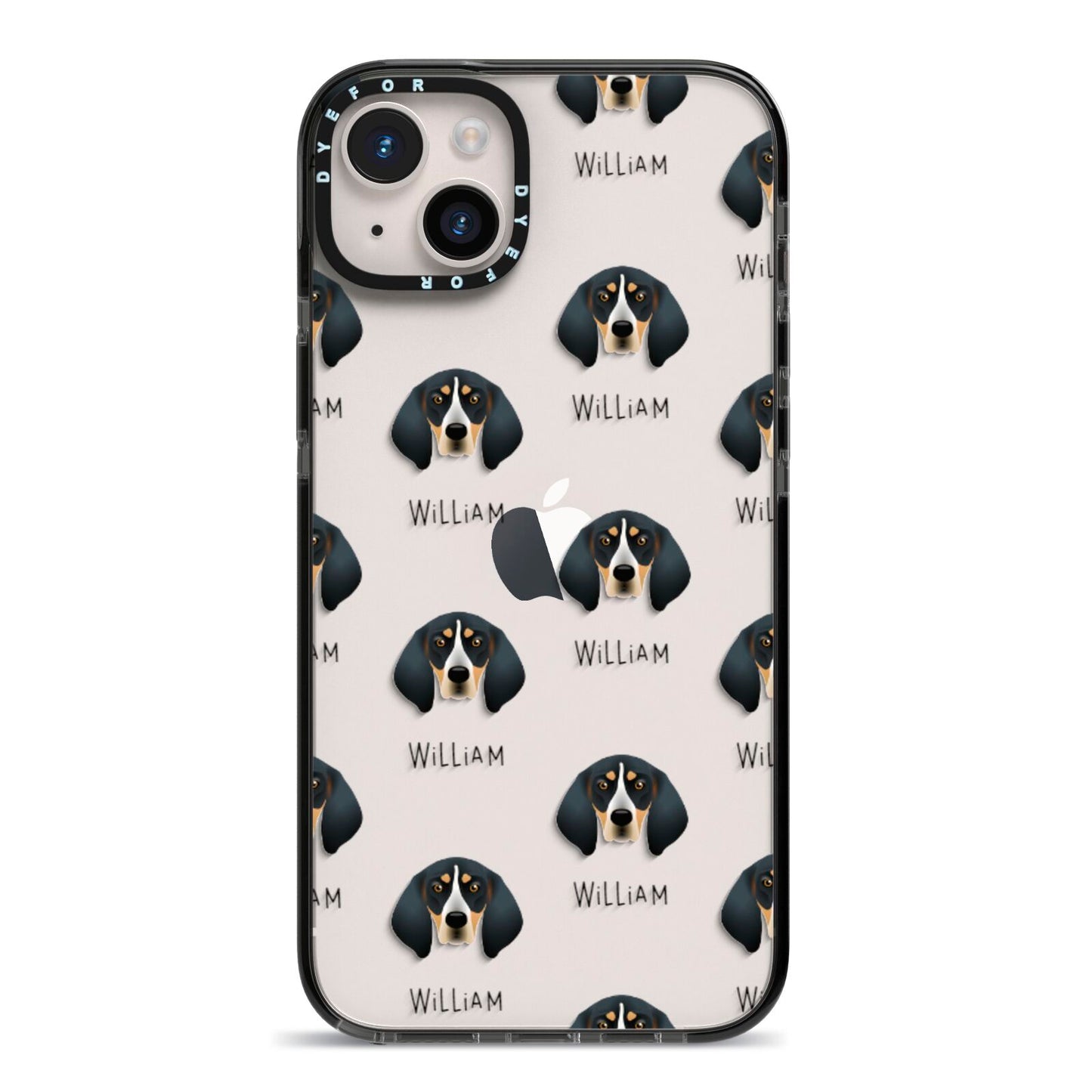 Bluetick Coonhound Icon with Name iPhone 14 Plus Black Impact Case on Silver phone